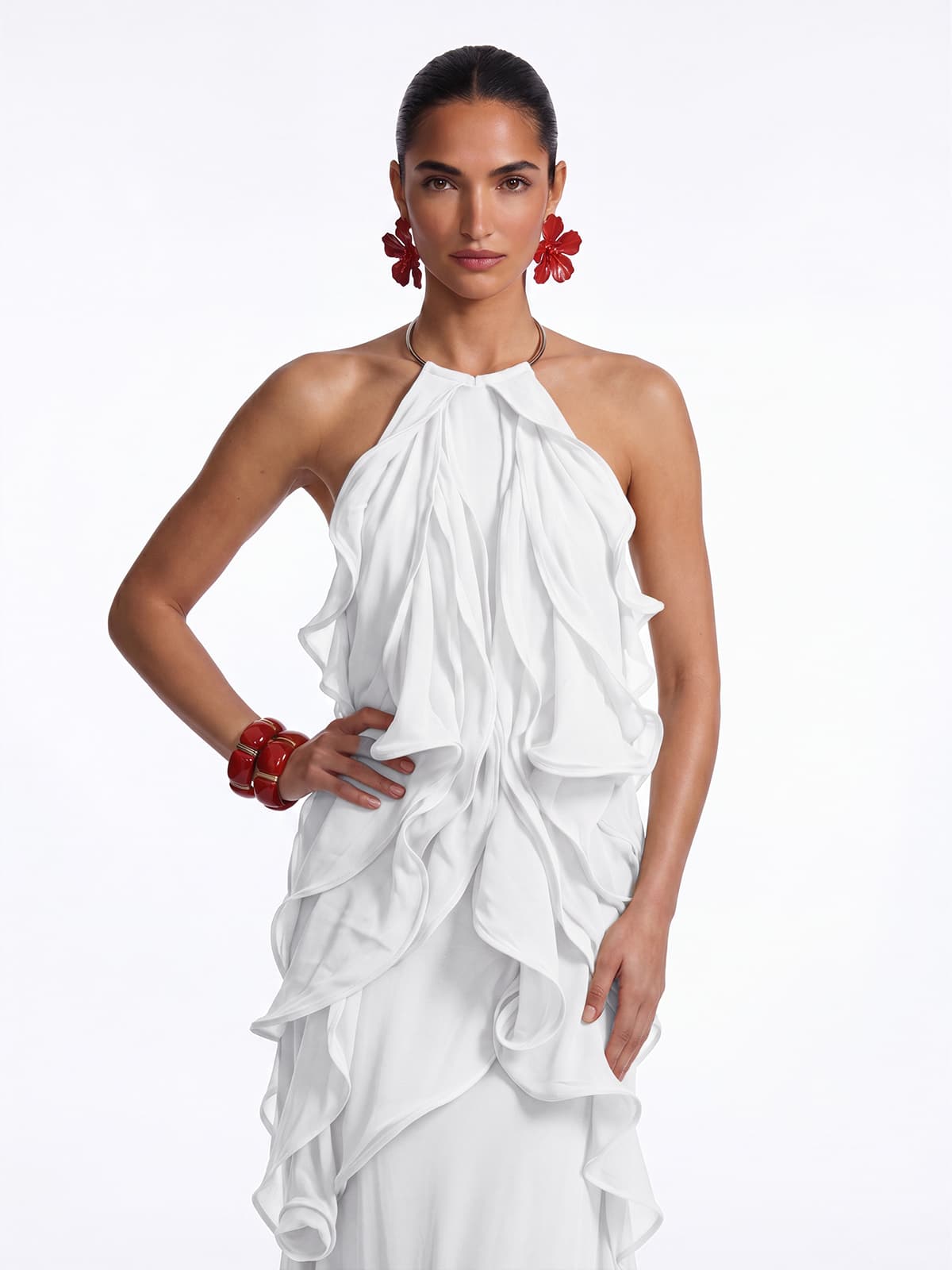 Kaelum Backless Ruffle Maxi Dress In White