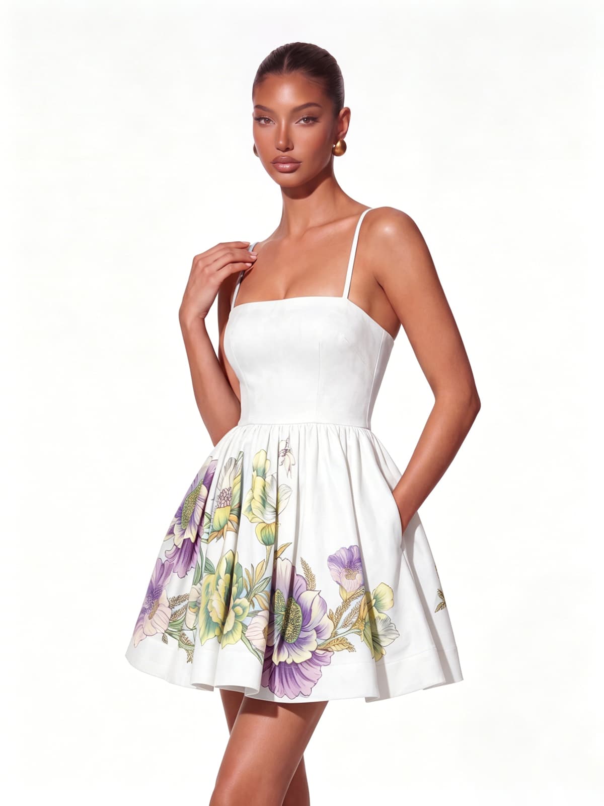 Kelora Spaghetti Floral Mini Dress In White