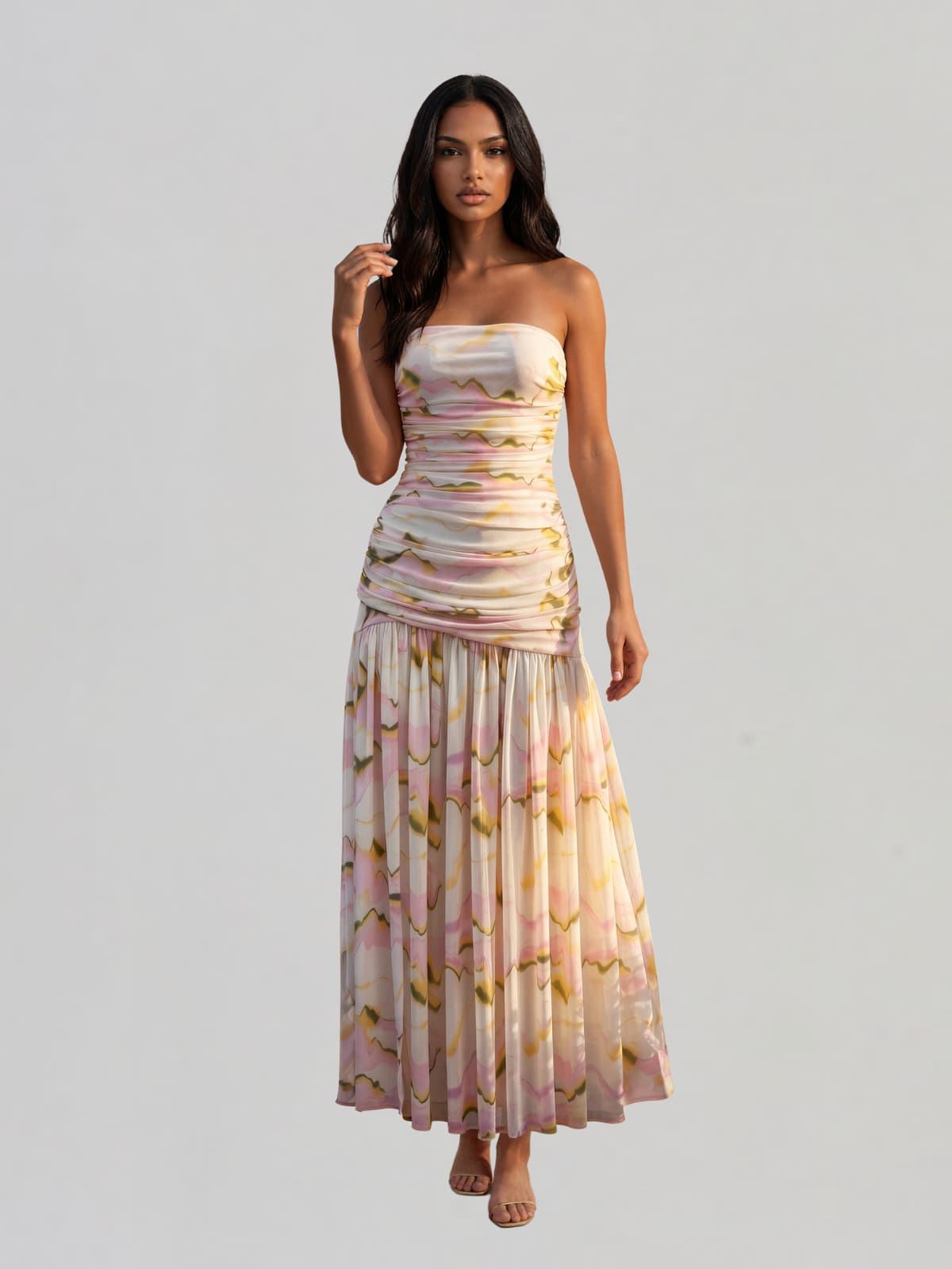 Kelric Strapless Ruched Printed Maxi Dress