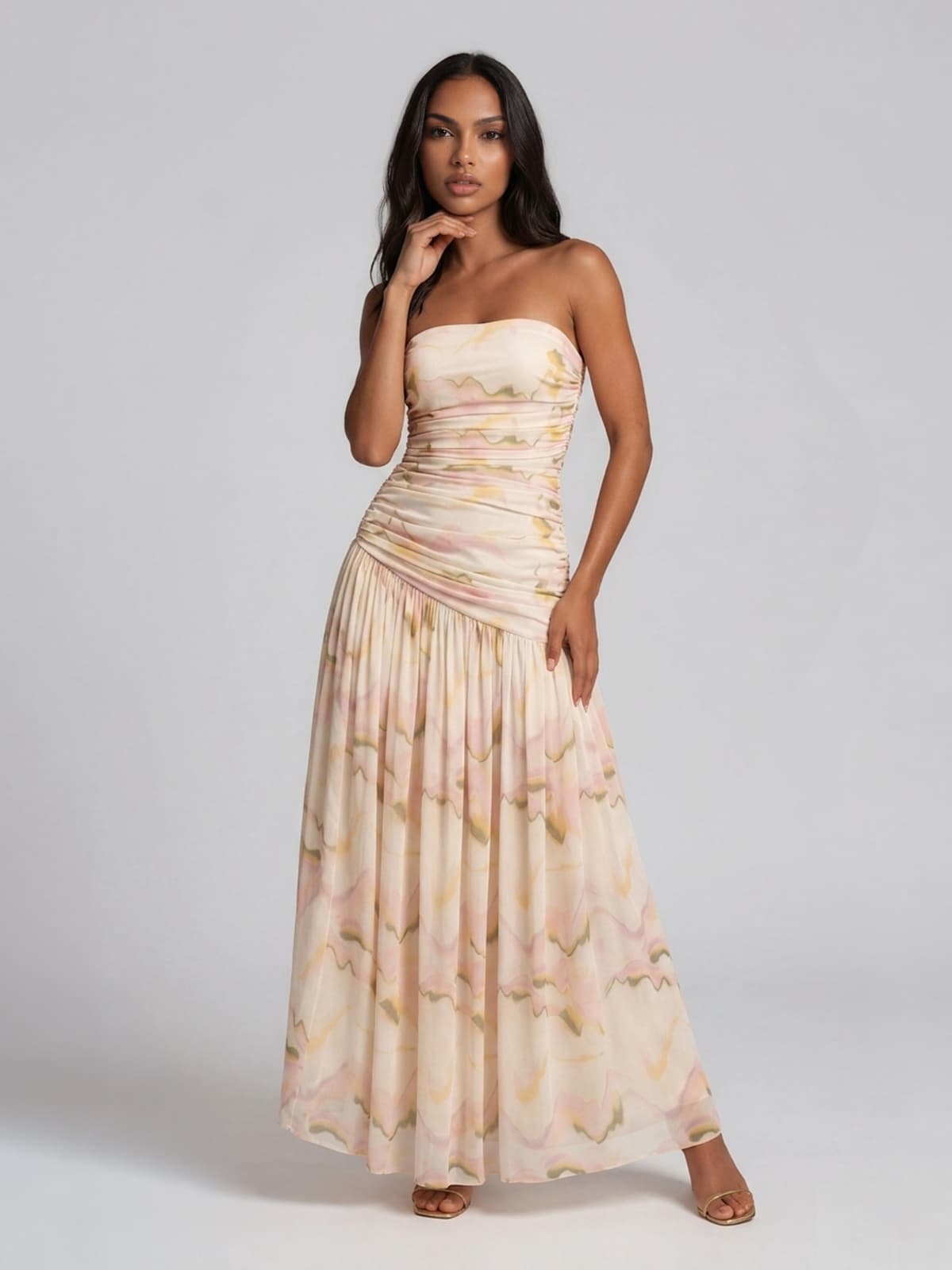 Kelric Strapless Ruched Printed Maxi Dress