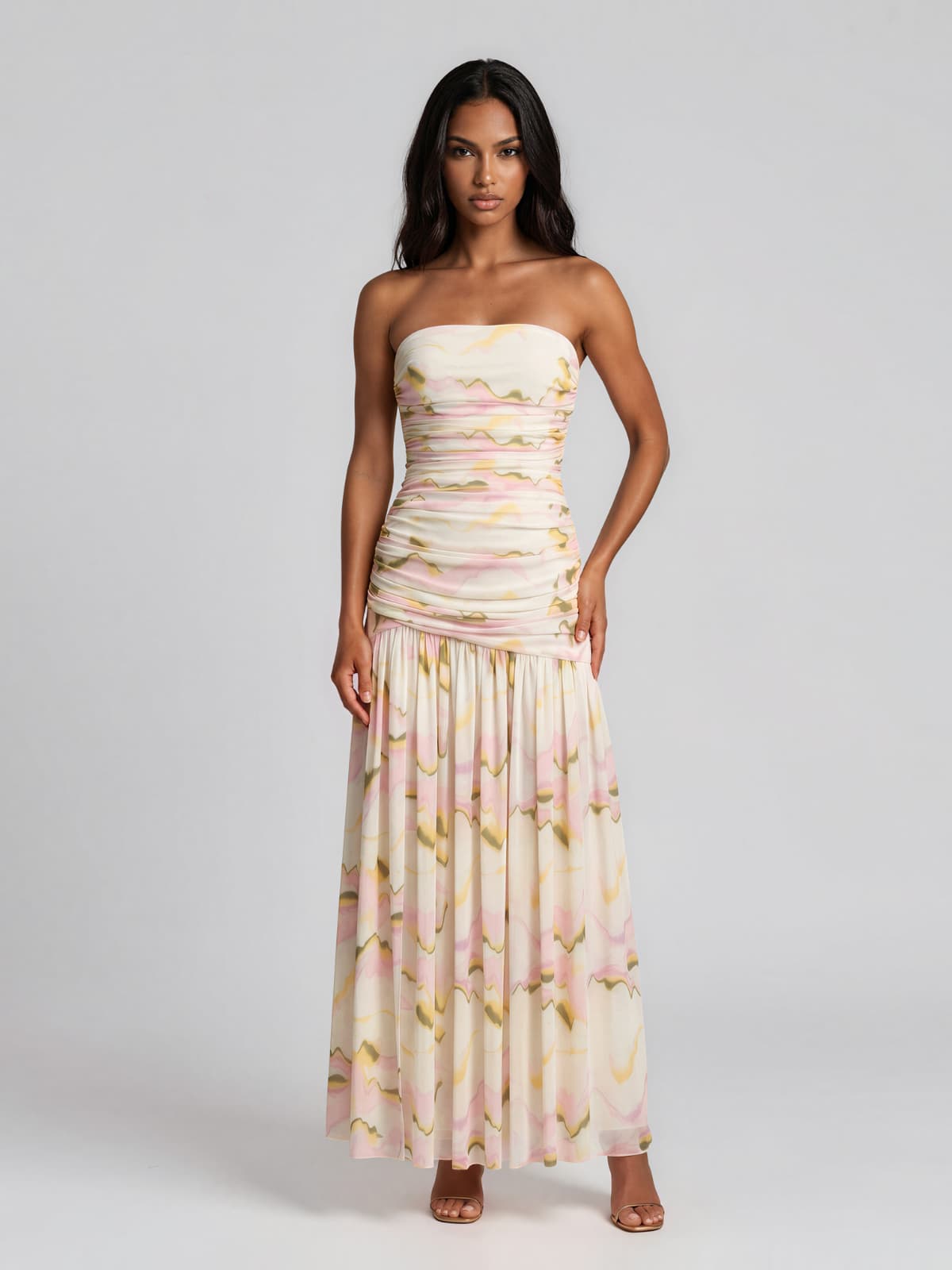 Kelric Strapless Ruched Printed Maxi Dress