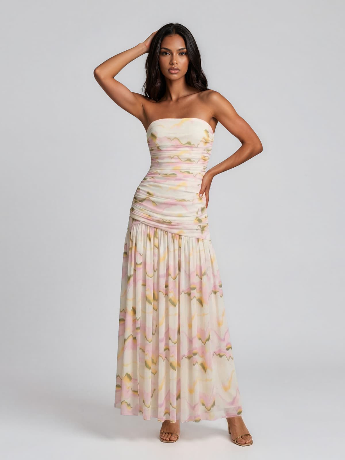 Kelric Strapless Ruched Printed Maxi Dress
