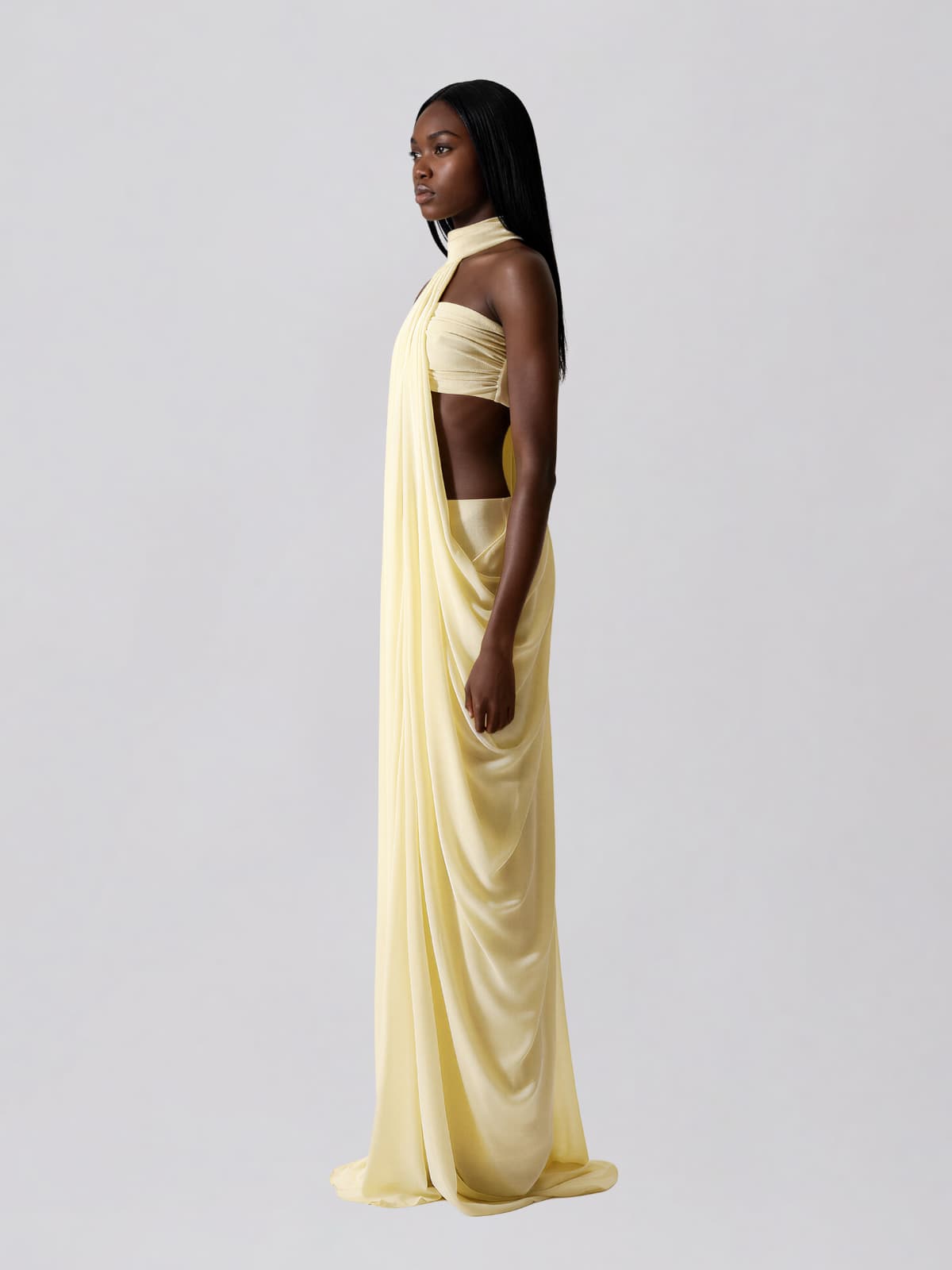 Layric Halterneck Draped Skirt Set In Butter Yellow
