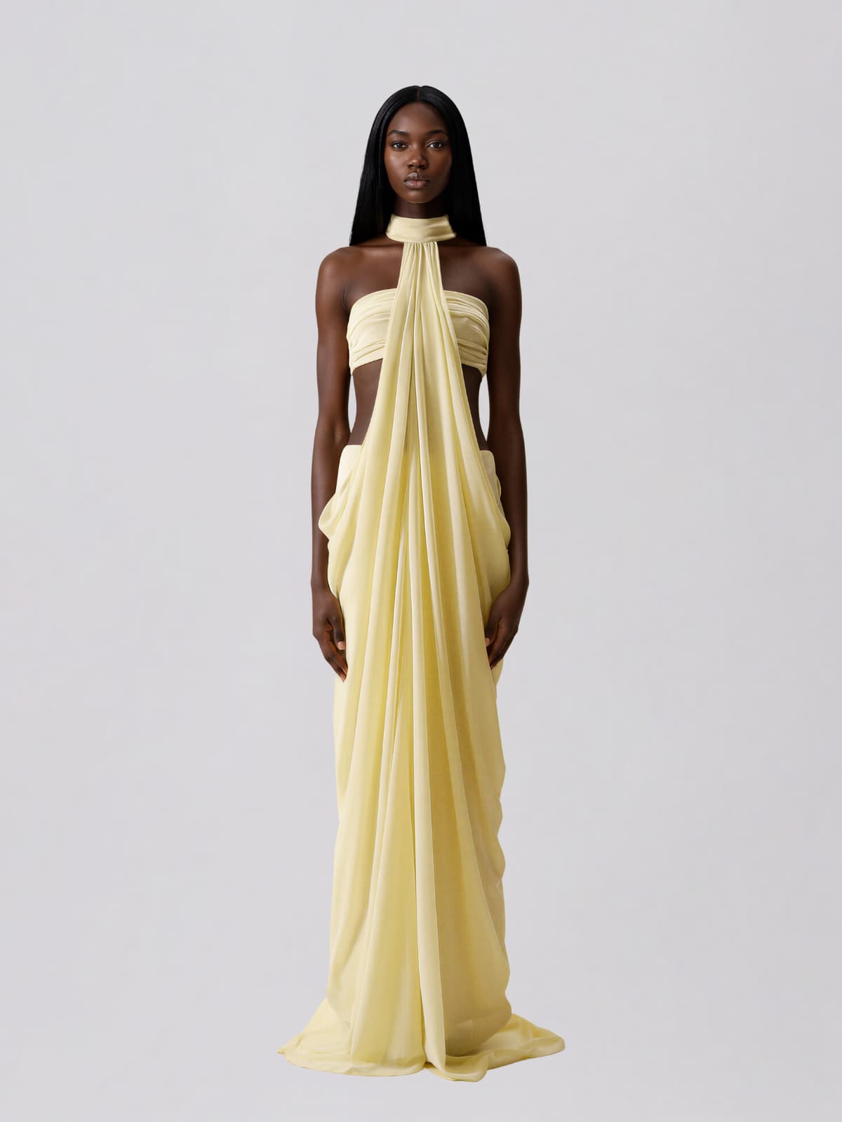 Layric Halterneck Draped Skirt Set In Butter Yellow