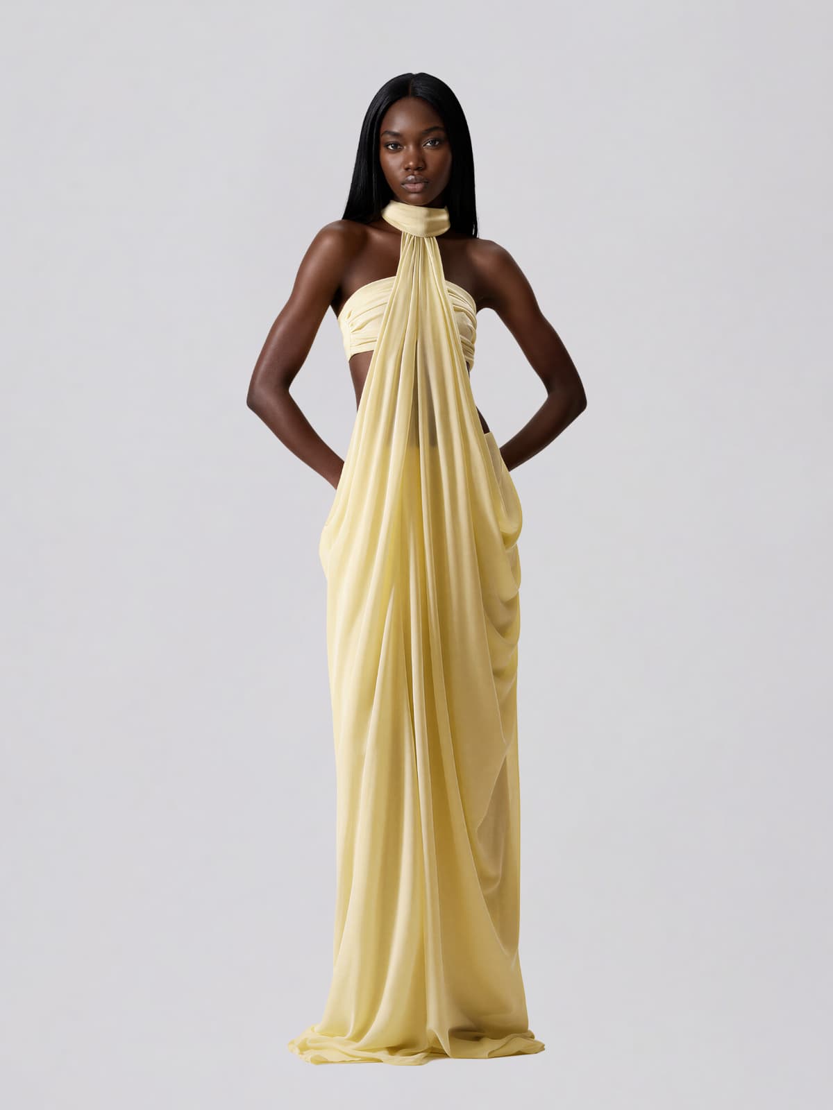 Layric Halterneck Draped Skirt Set In Butter Yellow