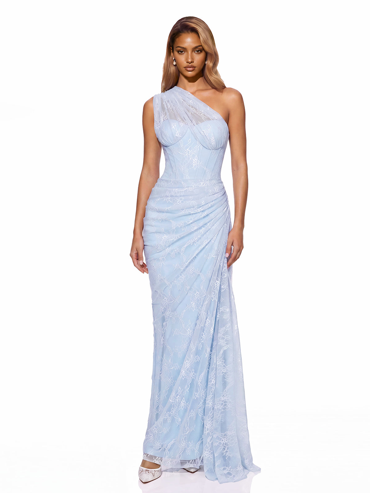 Lenric One Shoulder Ruched Lace Maxi Dress