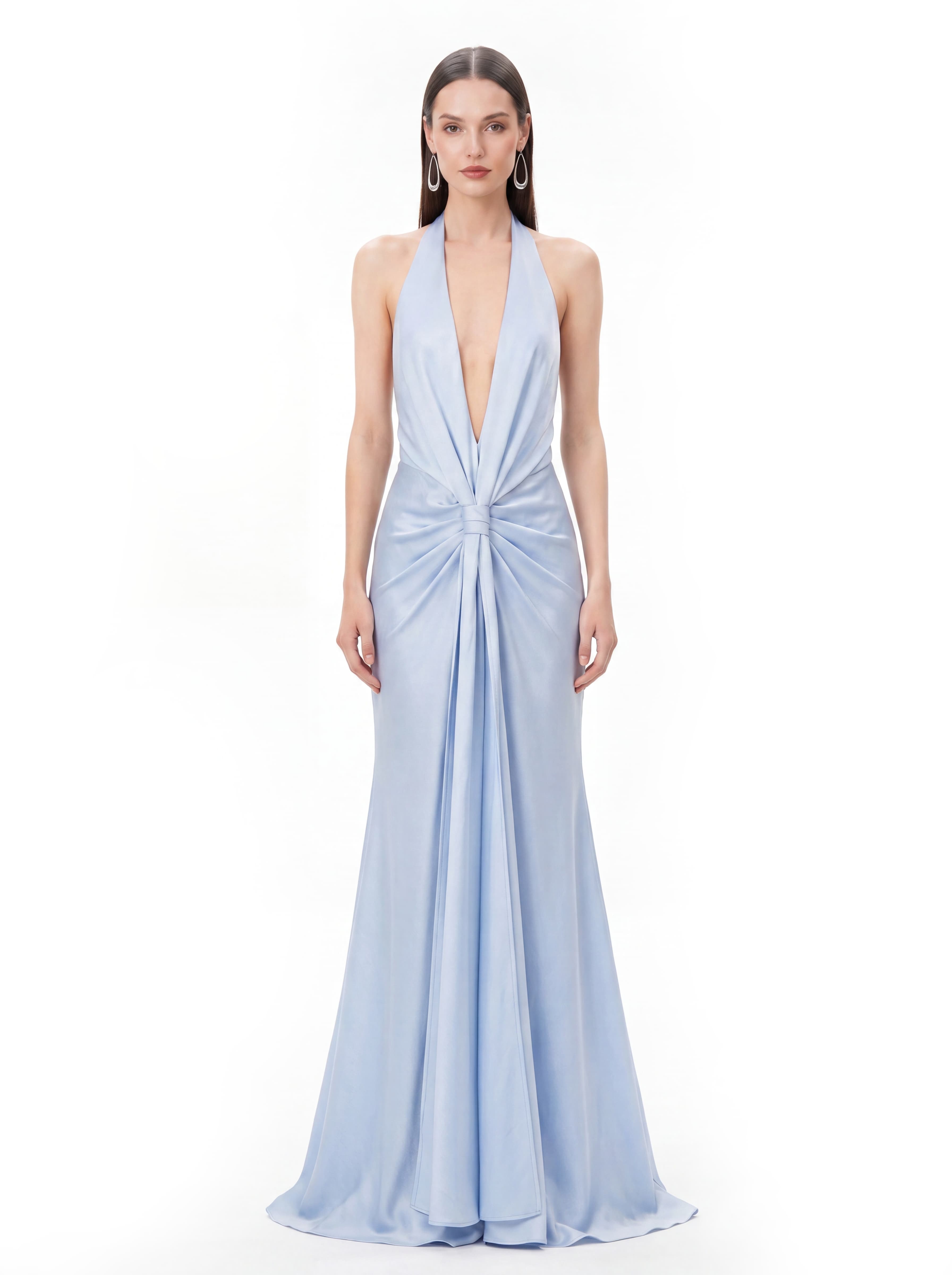 Leoran Plunge Neck Satin Maxi Dress In Baby Blue