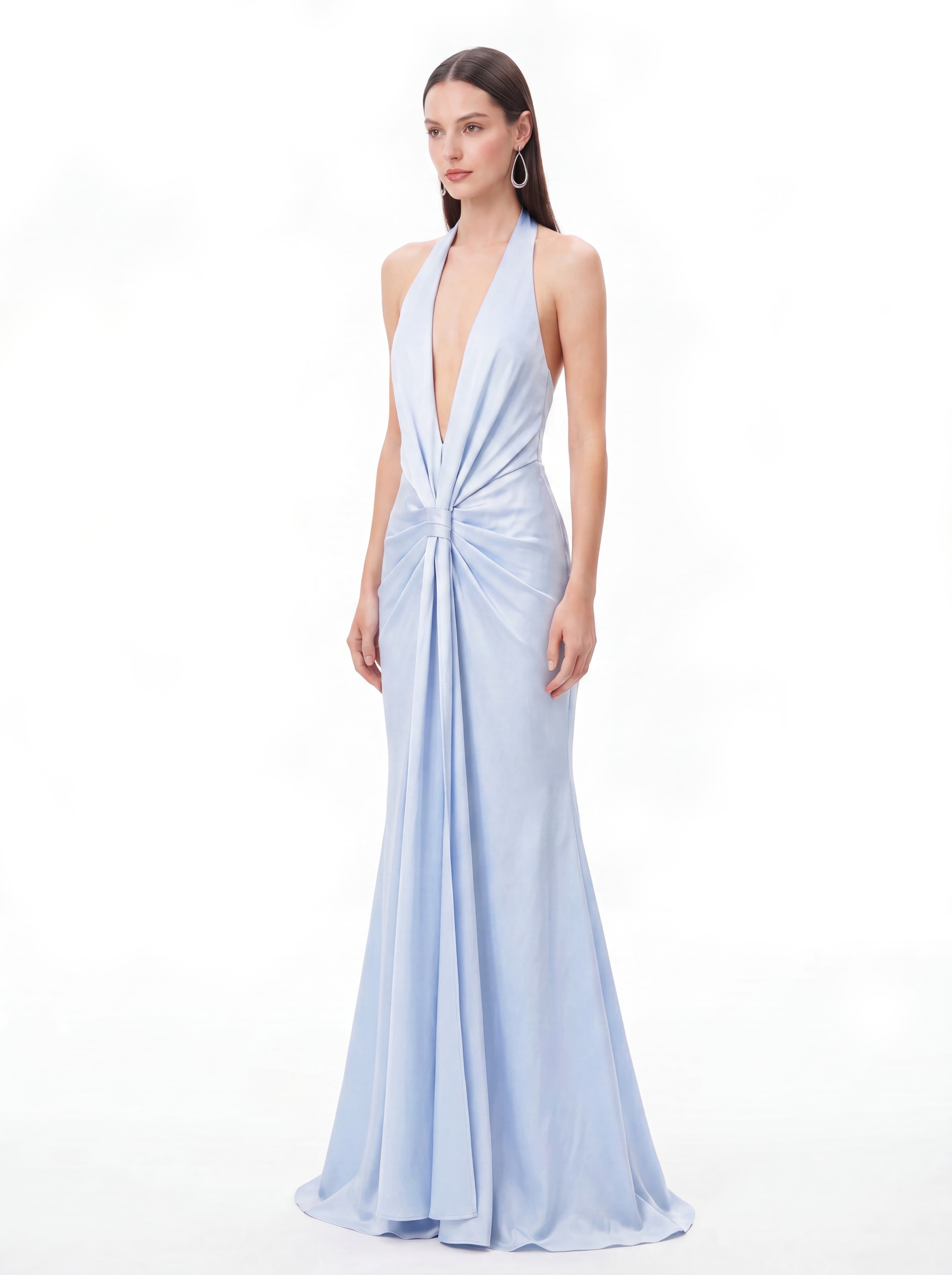 Leoran Plunge Neck Satin Maxi Dress In Baby Blue