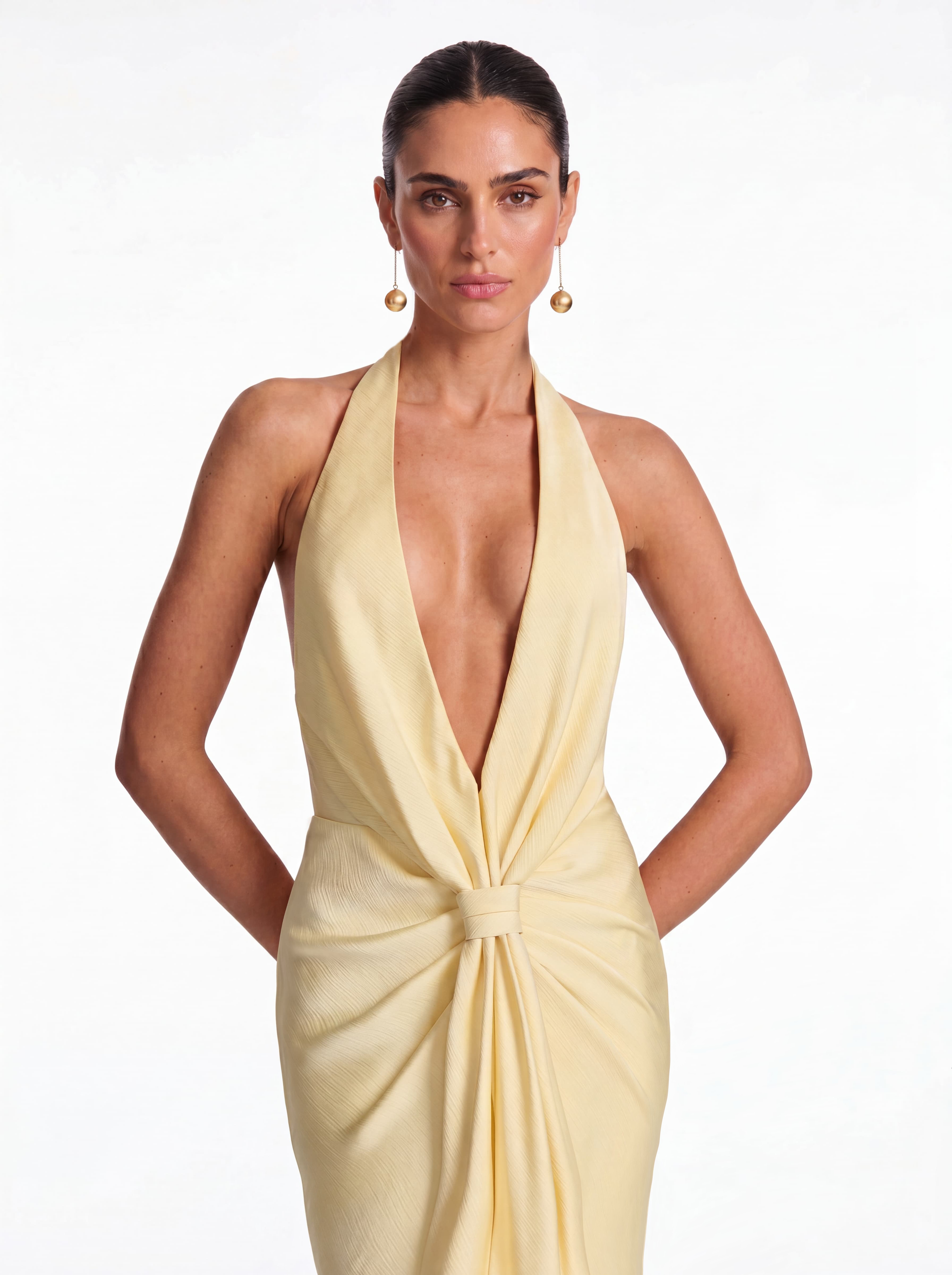 Leoran Plunge Neck Satin Maxi Dress In Yellow