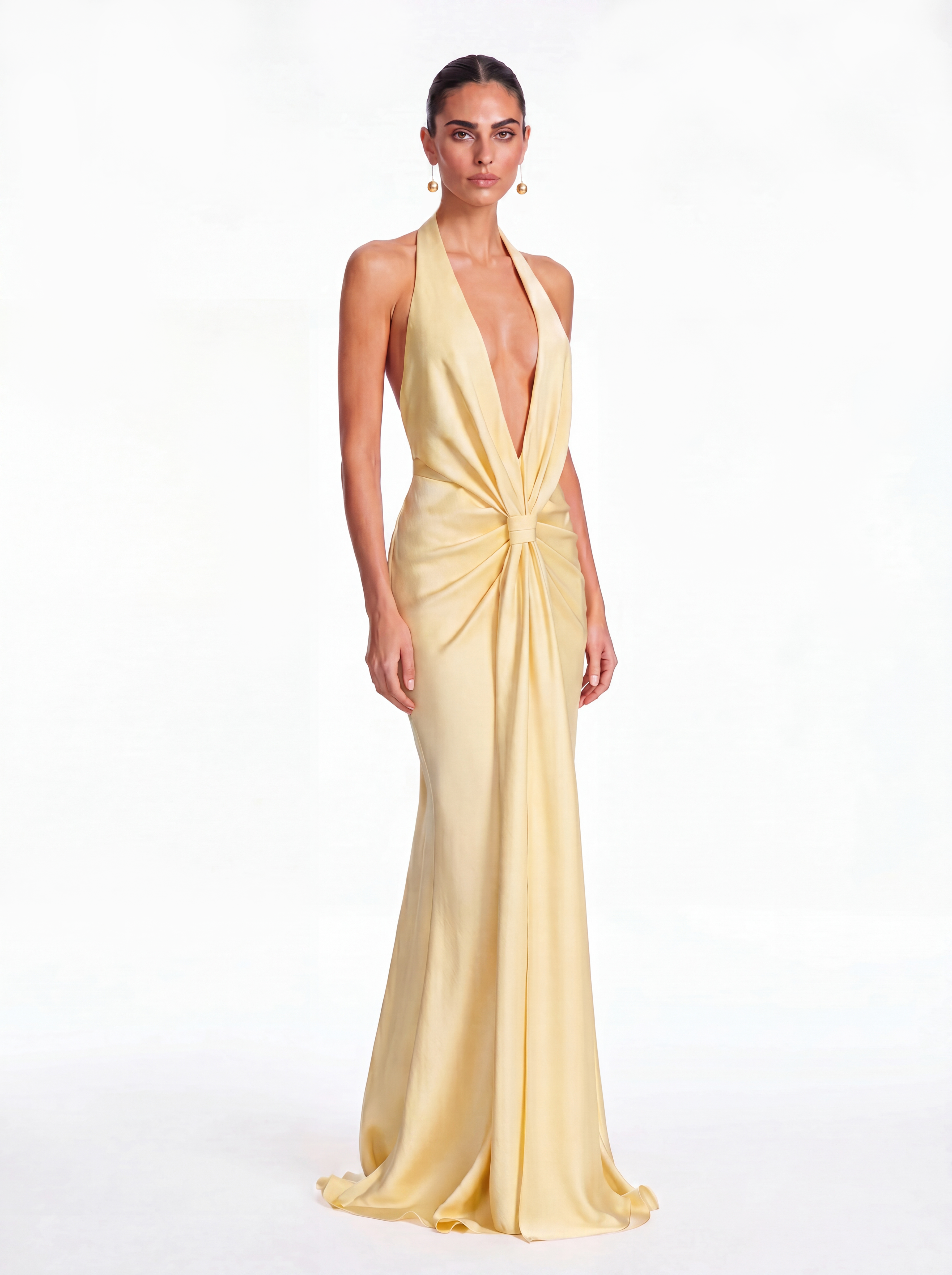 Leoran Plunge Neck Satin Maxi Dress In Yellow
