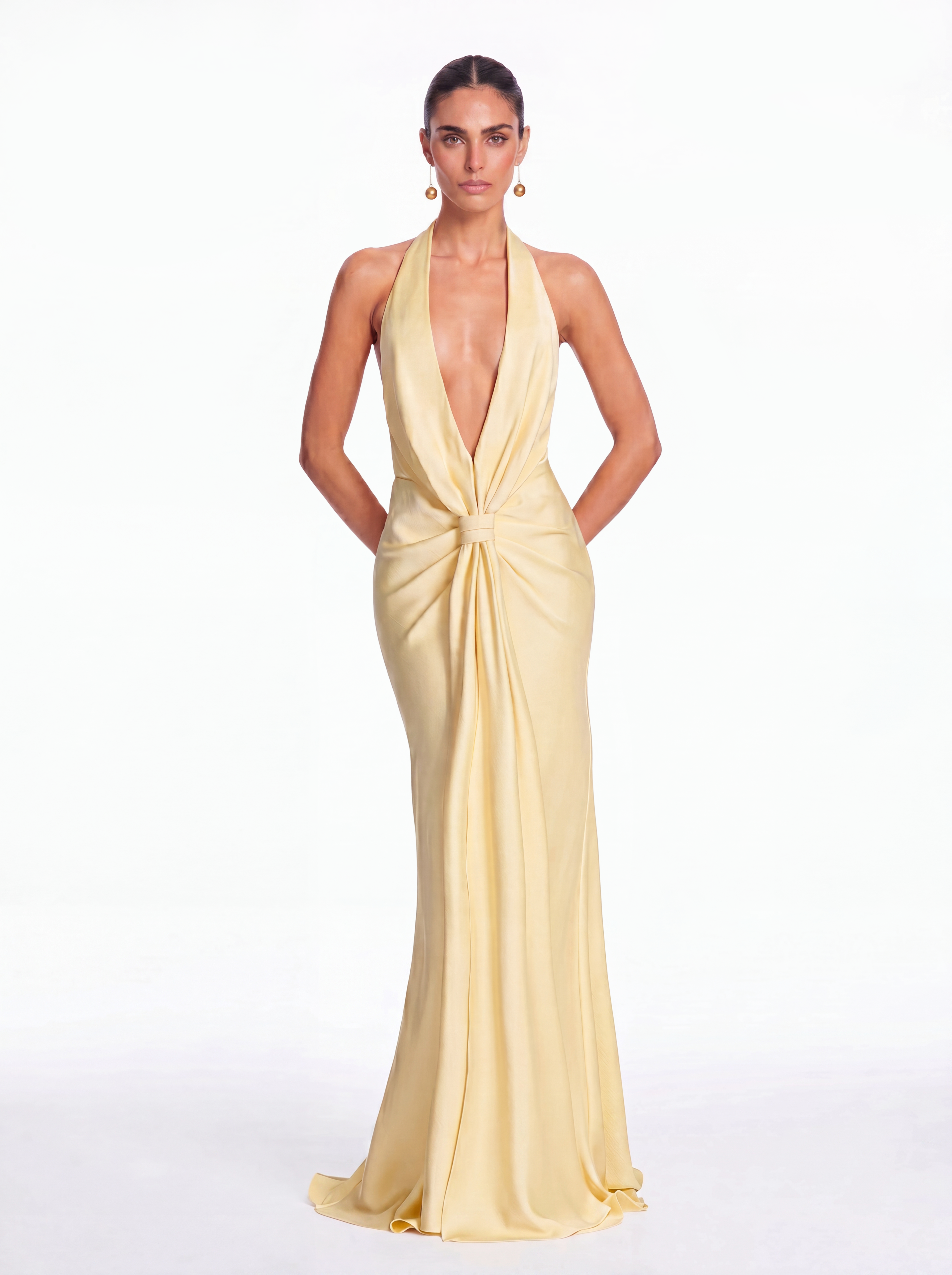 Leoran Plunge Neck Satin Maxi Dress In Yellow