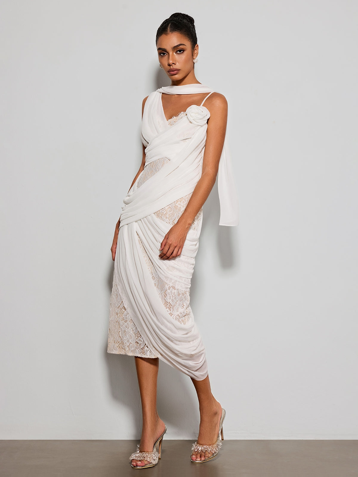 Lorendric Lace Draped Flower Midi Dress