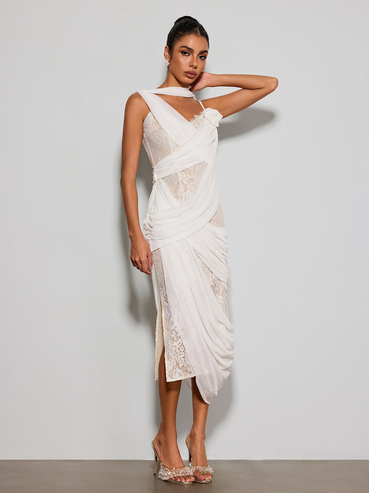 Lorendric Lace Draped Flower Midi Dress