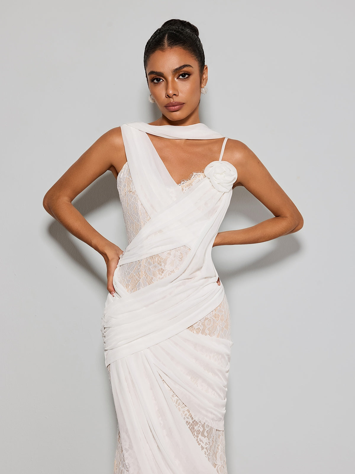 Lorendric Lace Draped Flower Midi Dress