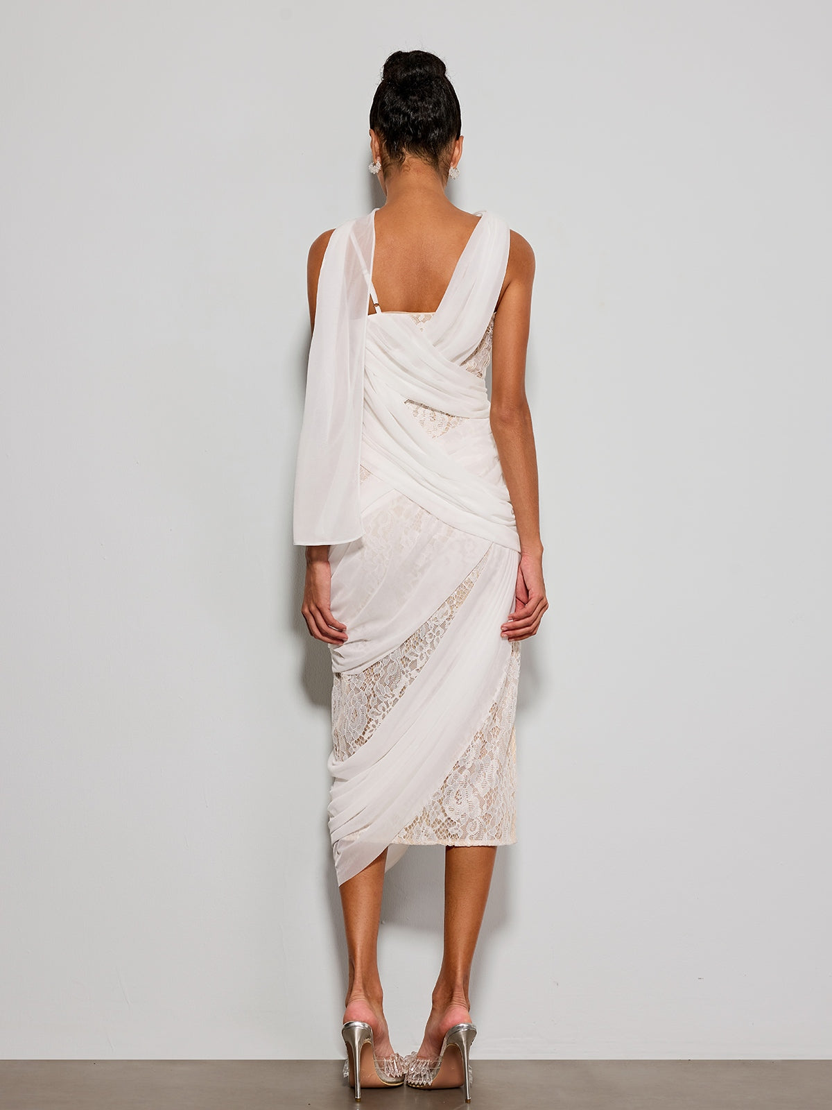 Lorendric Lace Draped Flower Midi Dress