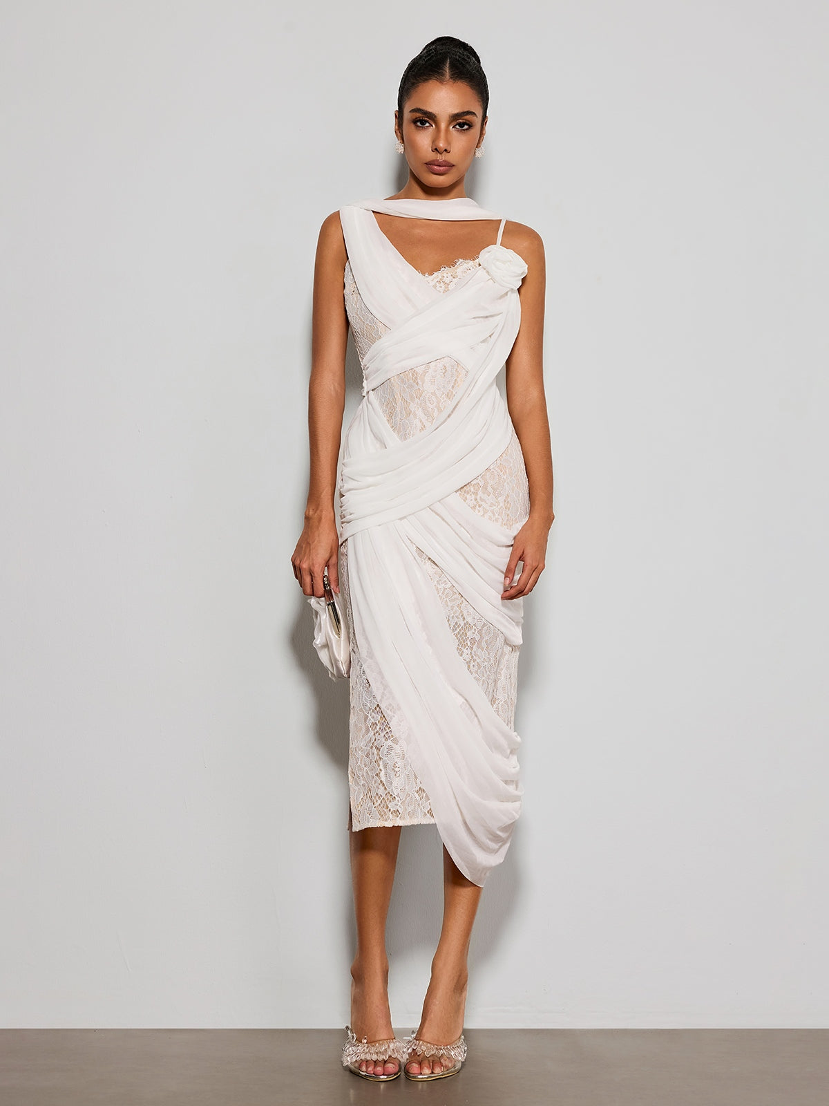 Lorendric Lace Draped Flower Midi Dress