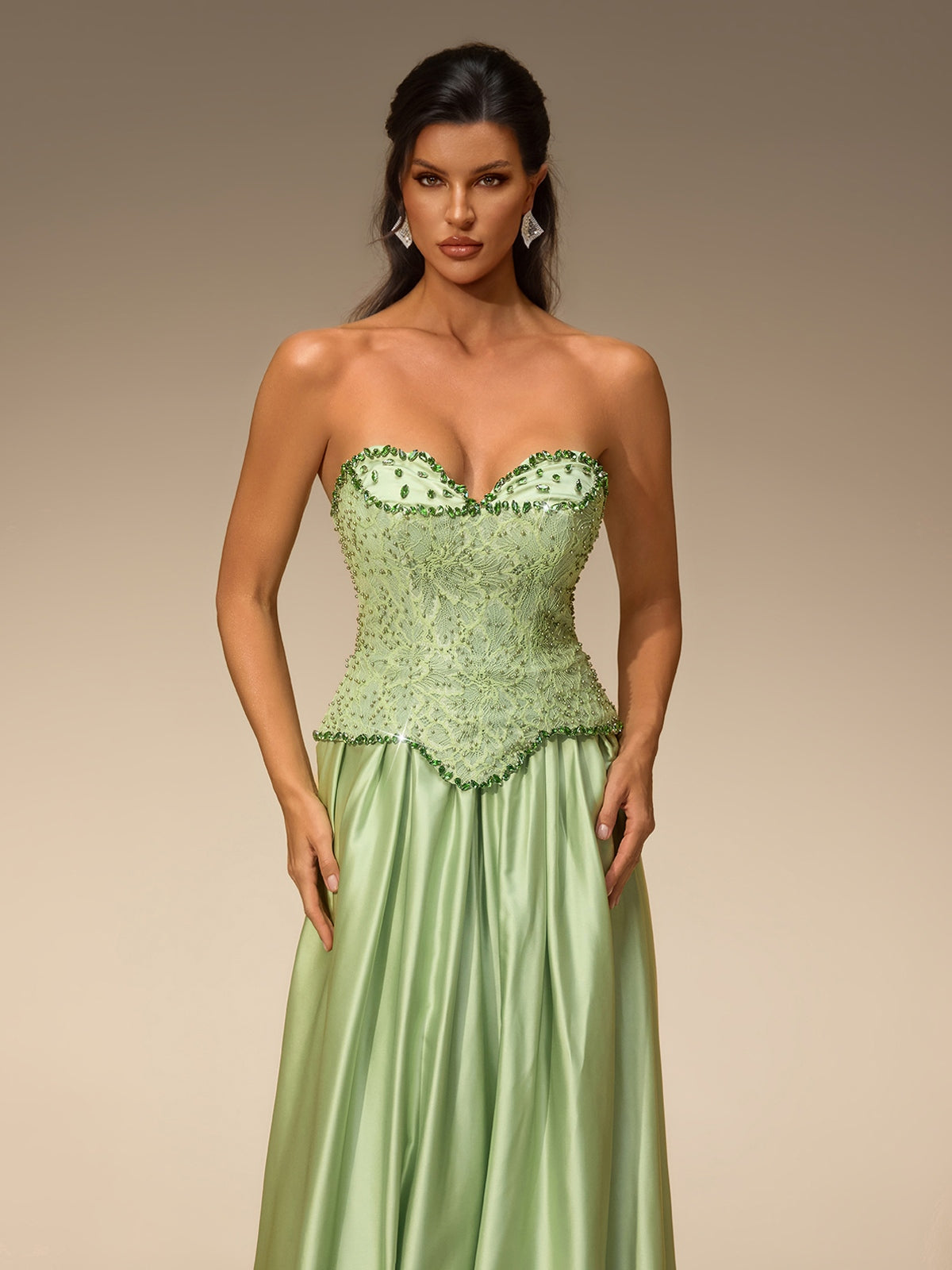 Lorvena Strapless Crystal Satin Maxi Dress