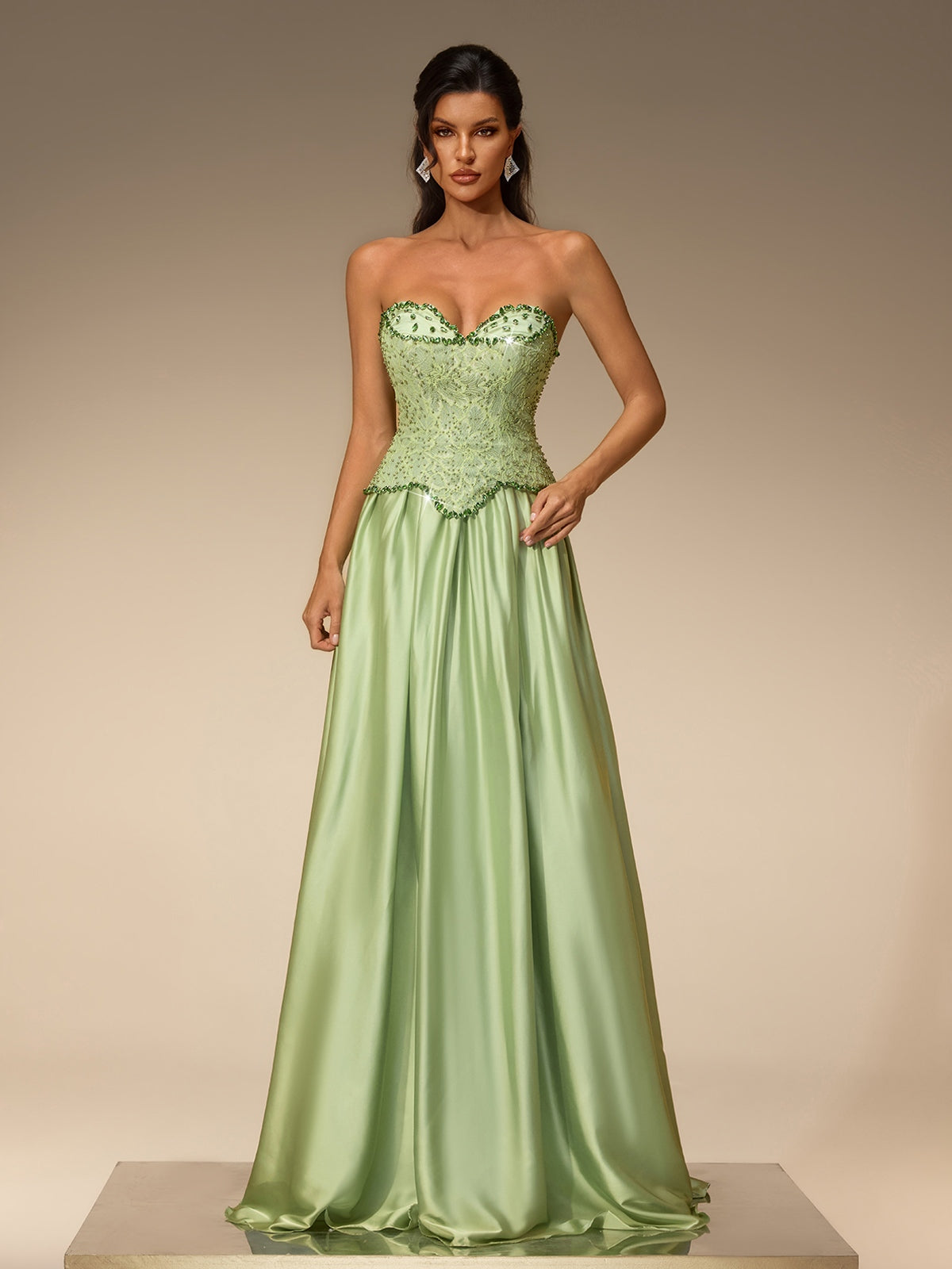 Lorvena Strapless Crystal Satin Maxi Dress