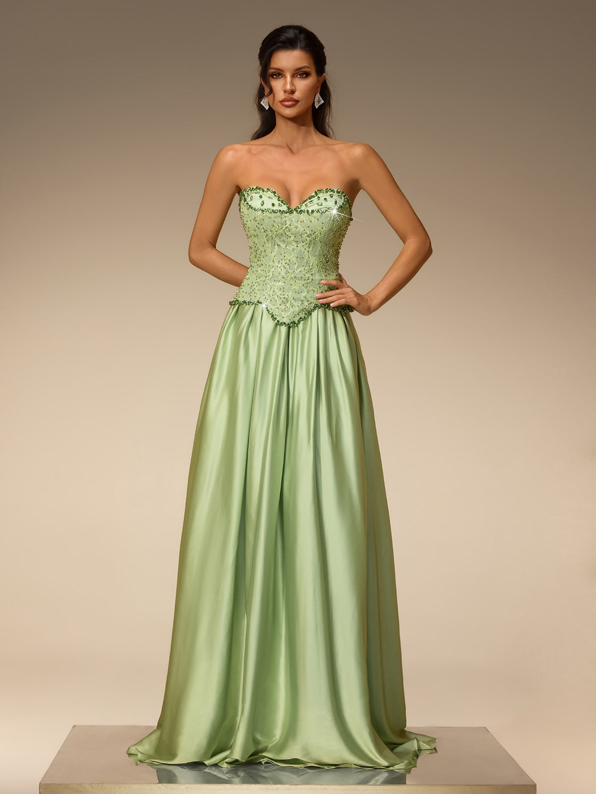 Lorvena Strapless Crystal Satin Maxi Dress