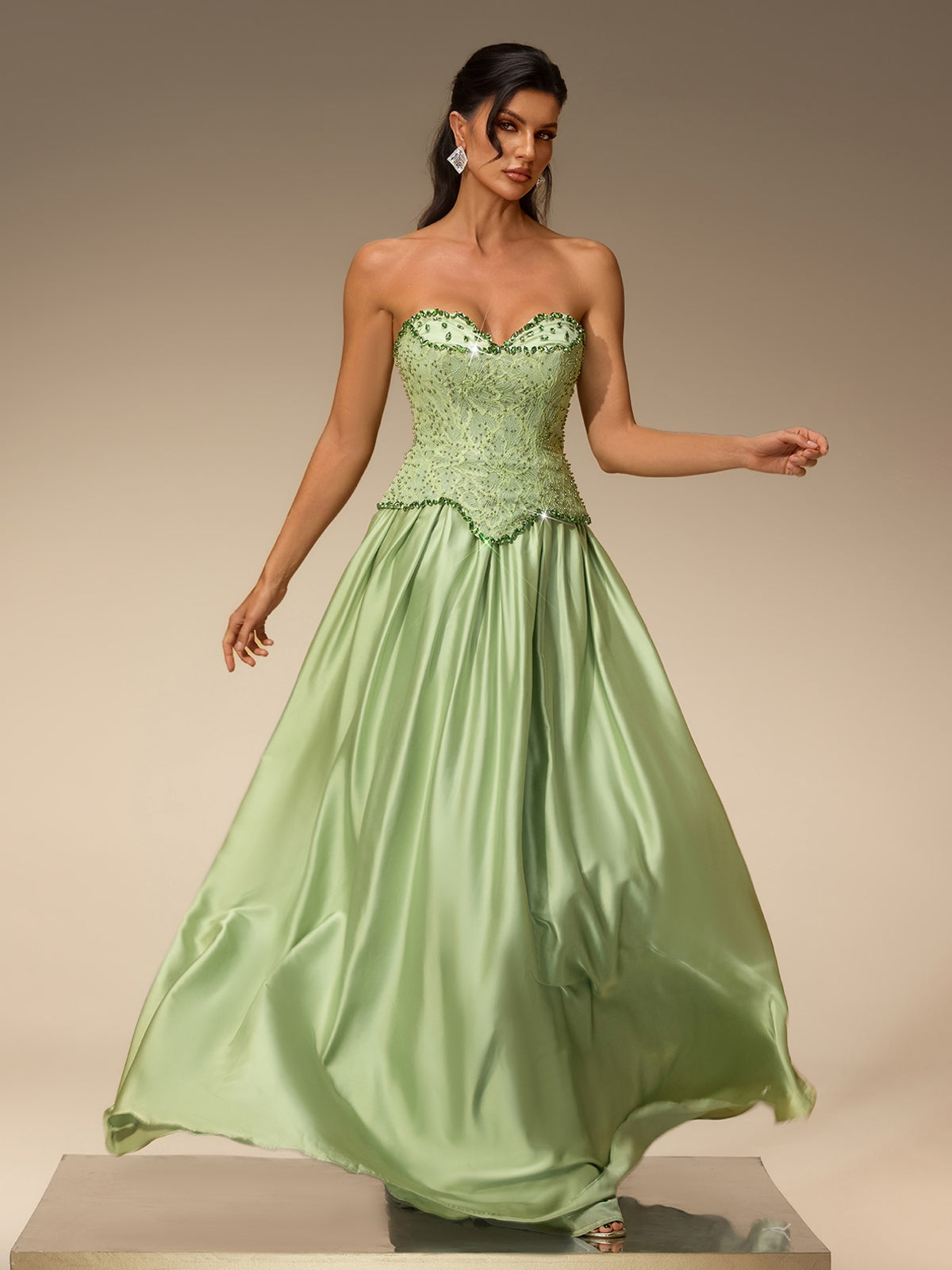 Lorvena Strapless Crystal Satin Maxi Dress