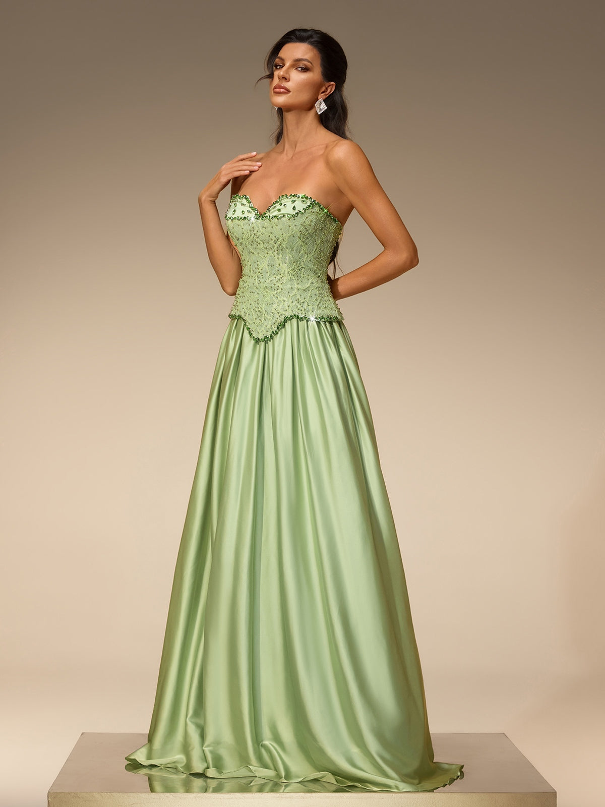 Lorvena Strapless Crystal Satin Maxi Dress