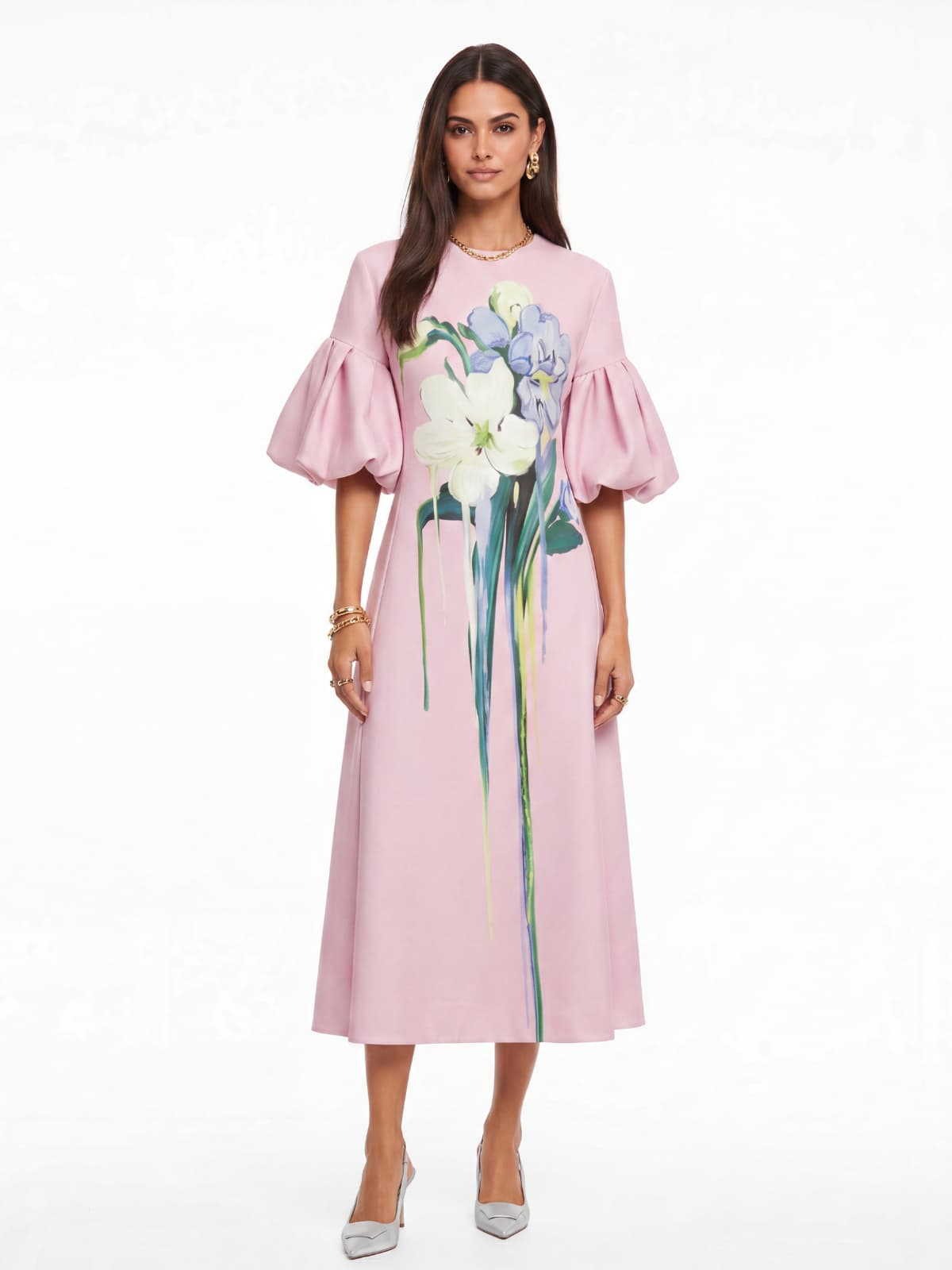 Luvric Puff Sleeve Floral Midi Dress