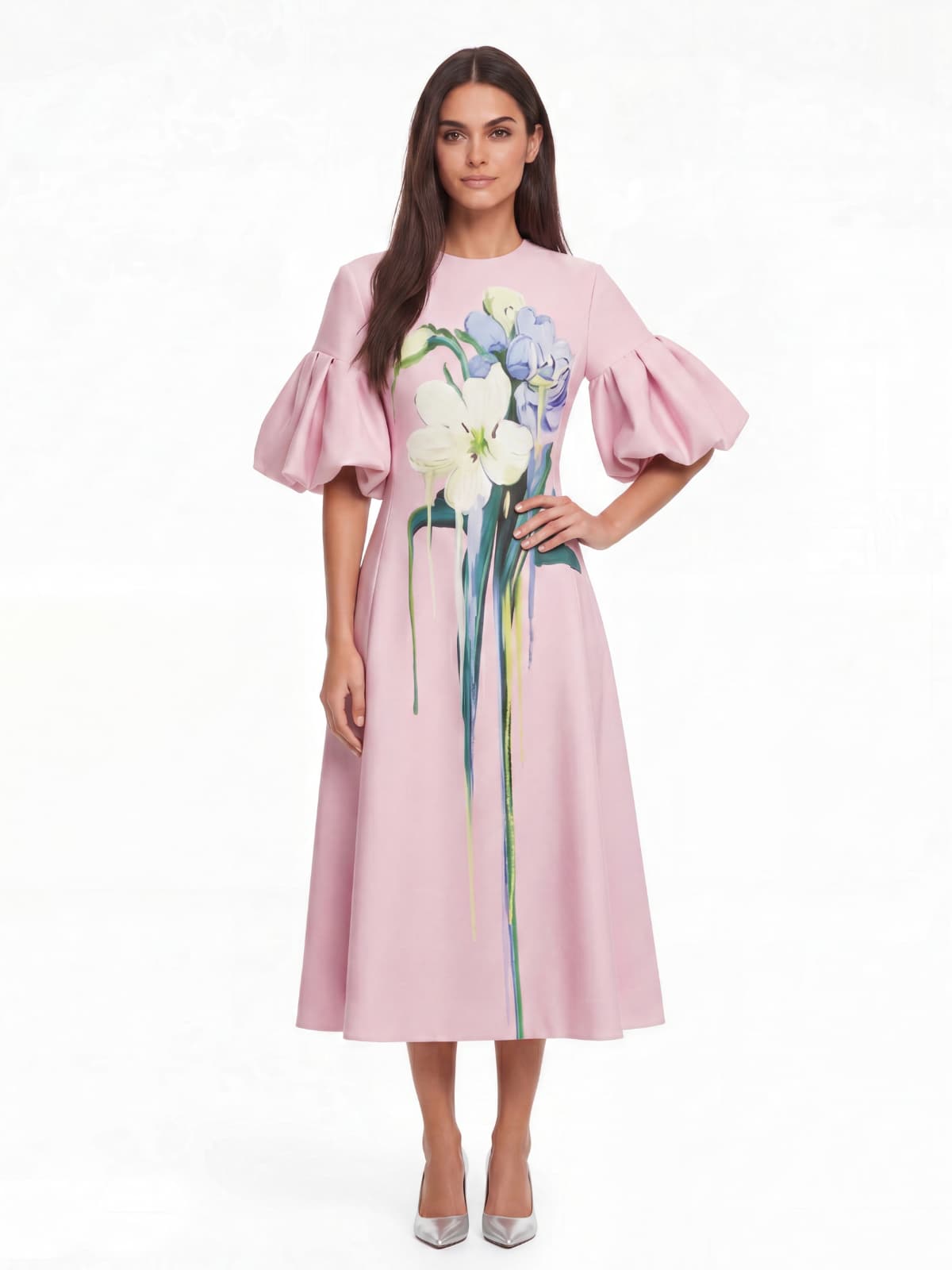 Luvric Puff Sleeve Floral Midi Dress