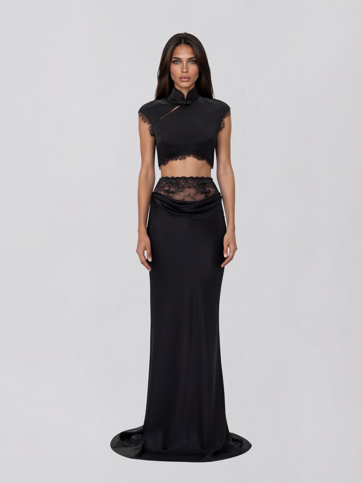 Maevik High Neck Lace Skirt Set