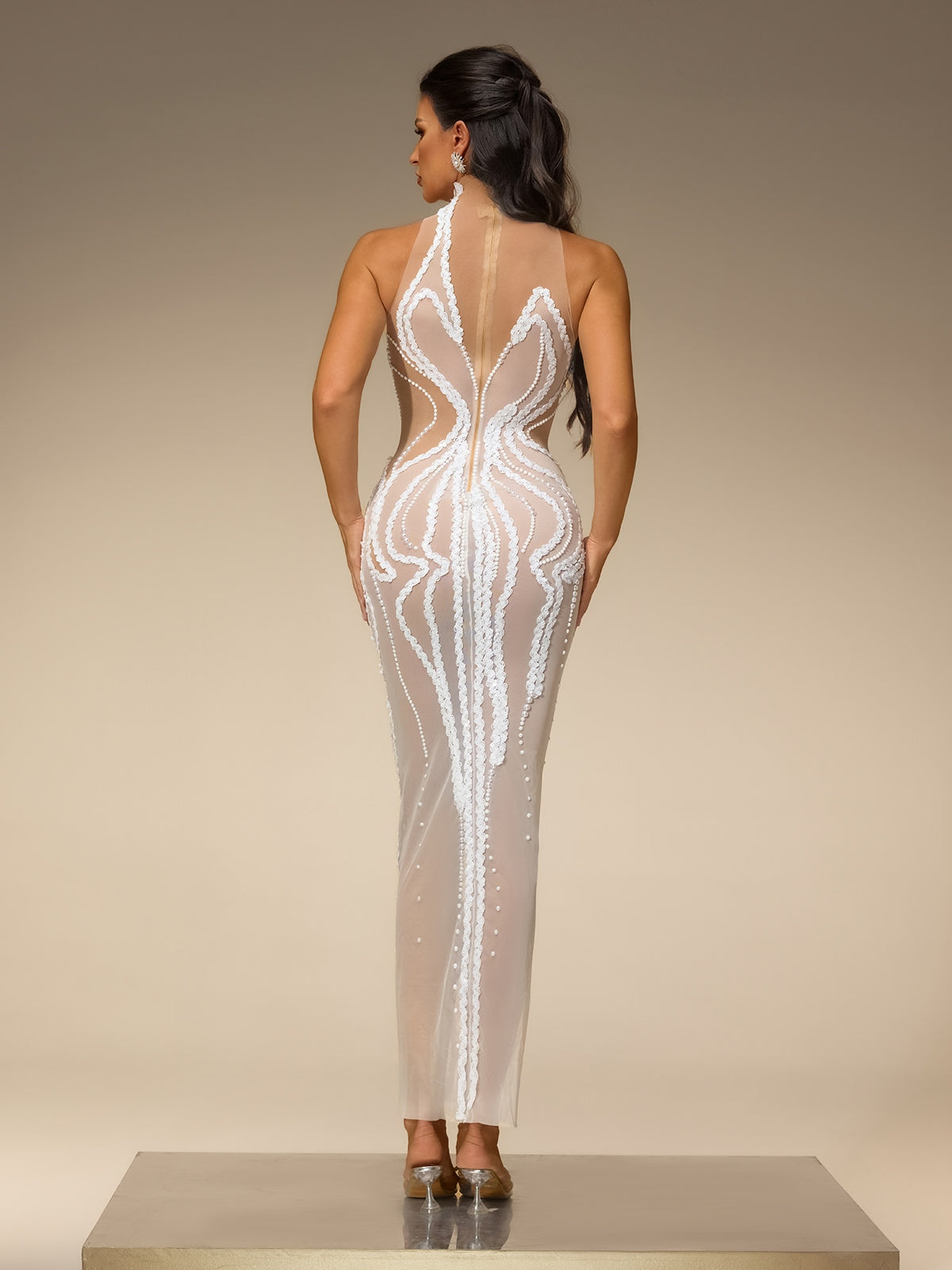 Marvex Sequin Pearl Mesh Maxi Dress