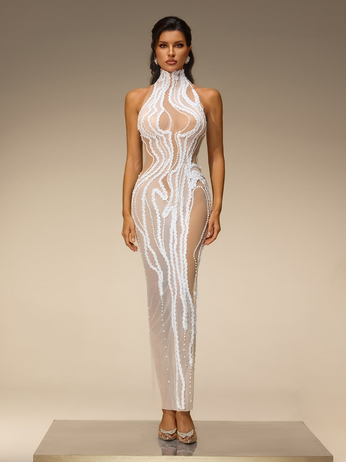 Marvex Sequin Pearl Mesh Maxi Dress