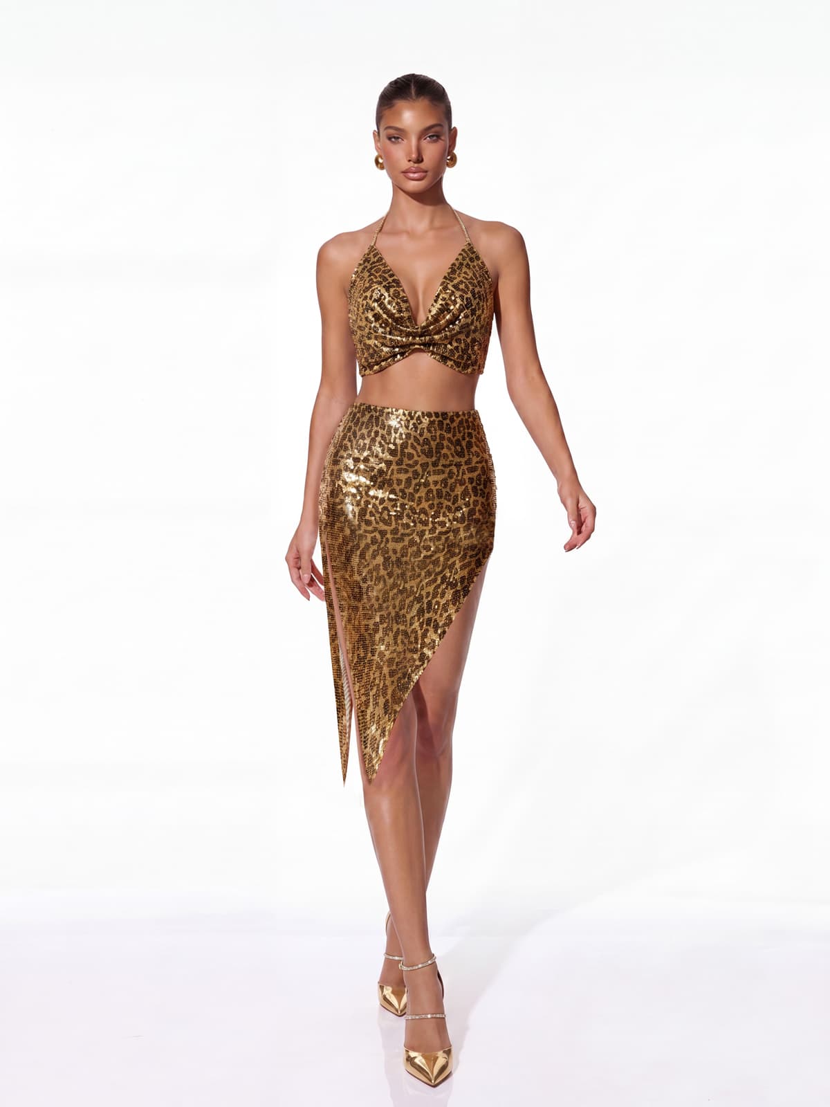 Meldor Halterneck Sequin Leopard Skirt Set