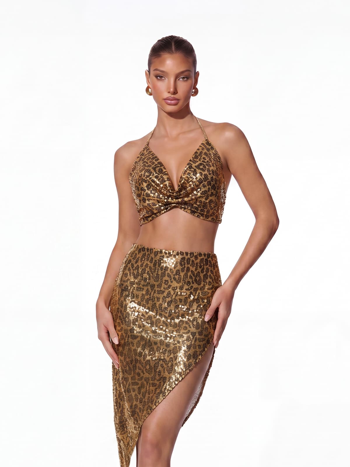 Meldor Halterneck Sequin Leopard Skirt Set