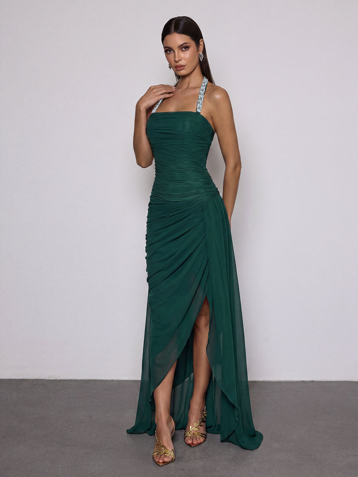 Melvora Halterneck Crystal Ruched Maxi Dress