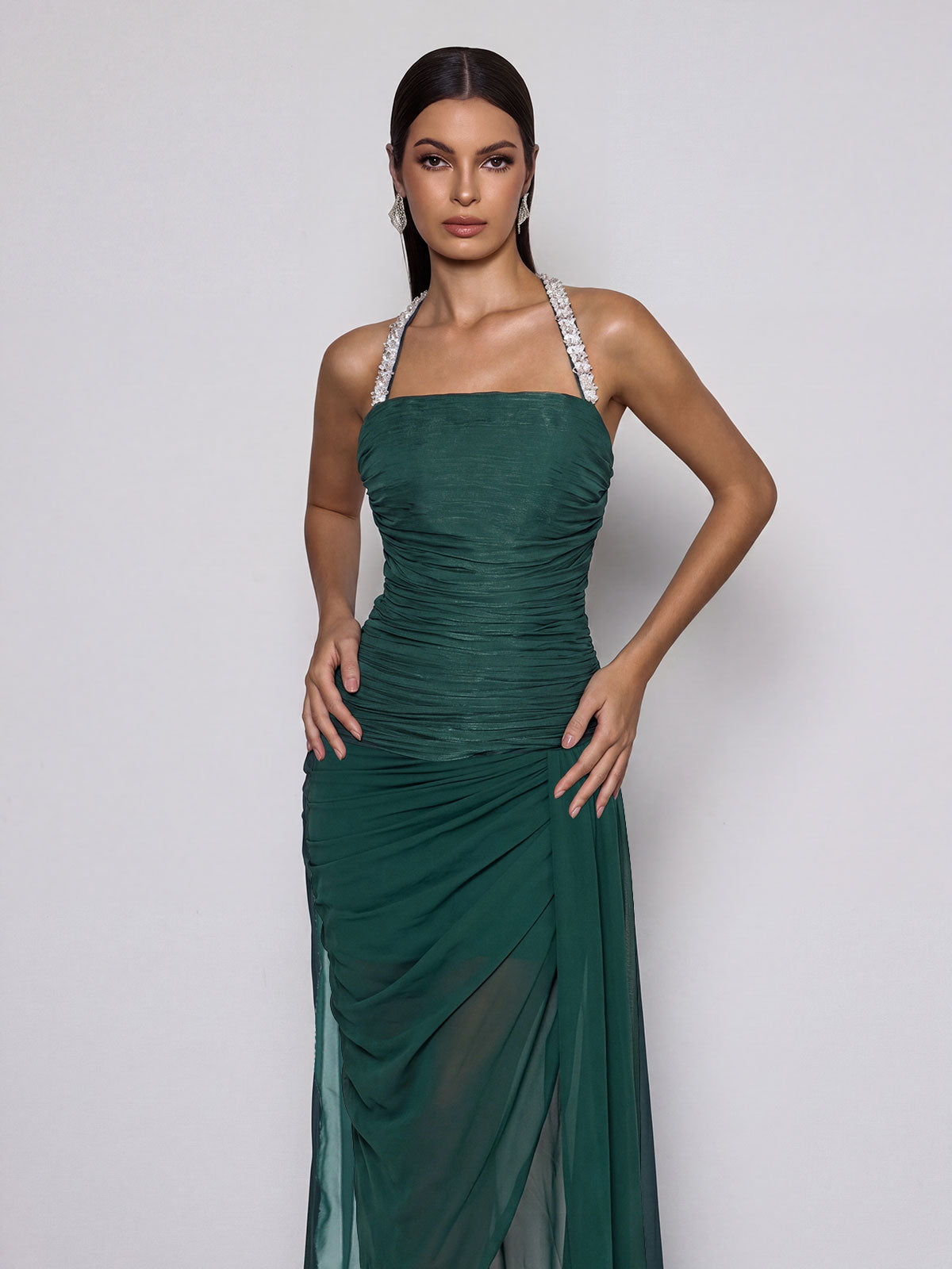 Melvora Halterneck Crystal Ruched Maxi Dress