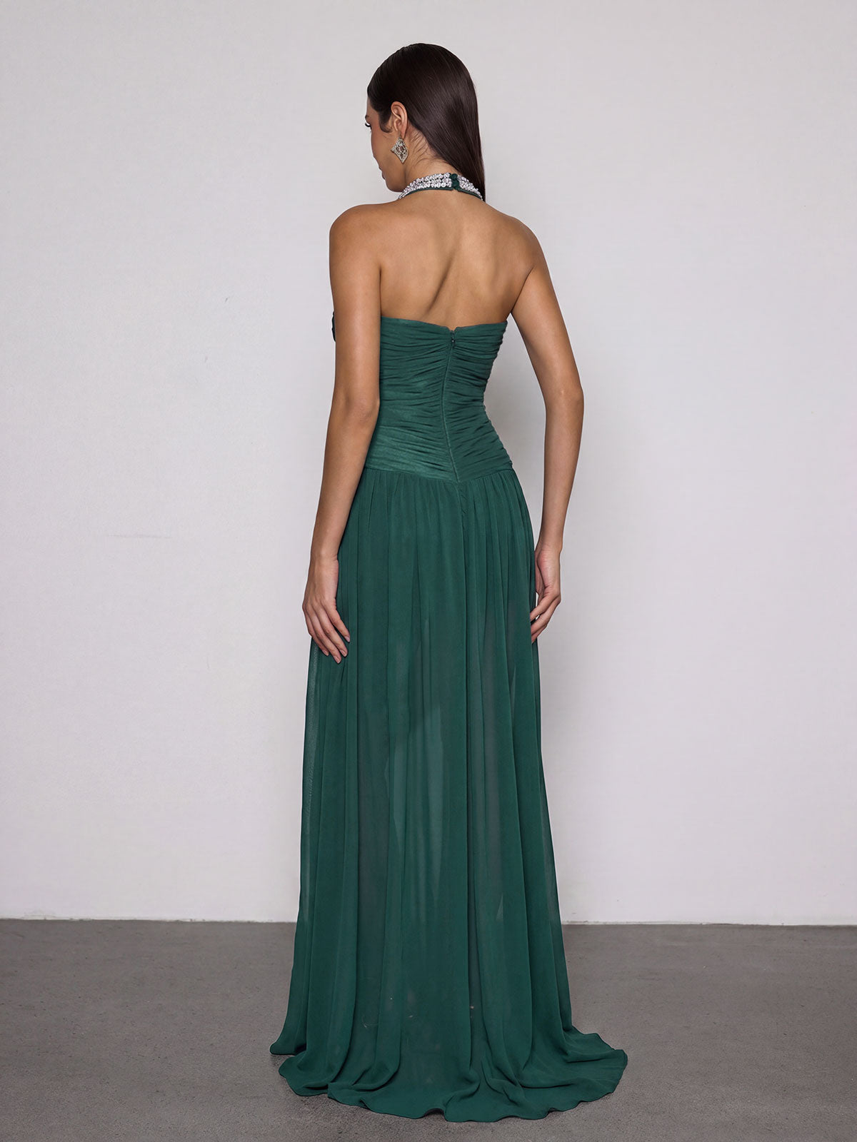 Melvora Halterneck Crystal Ruched Maxi Dress