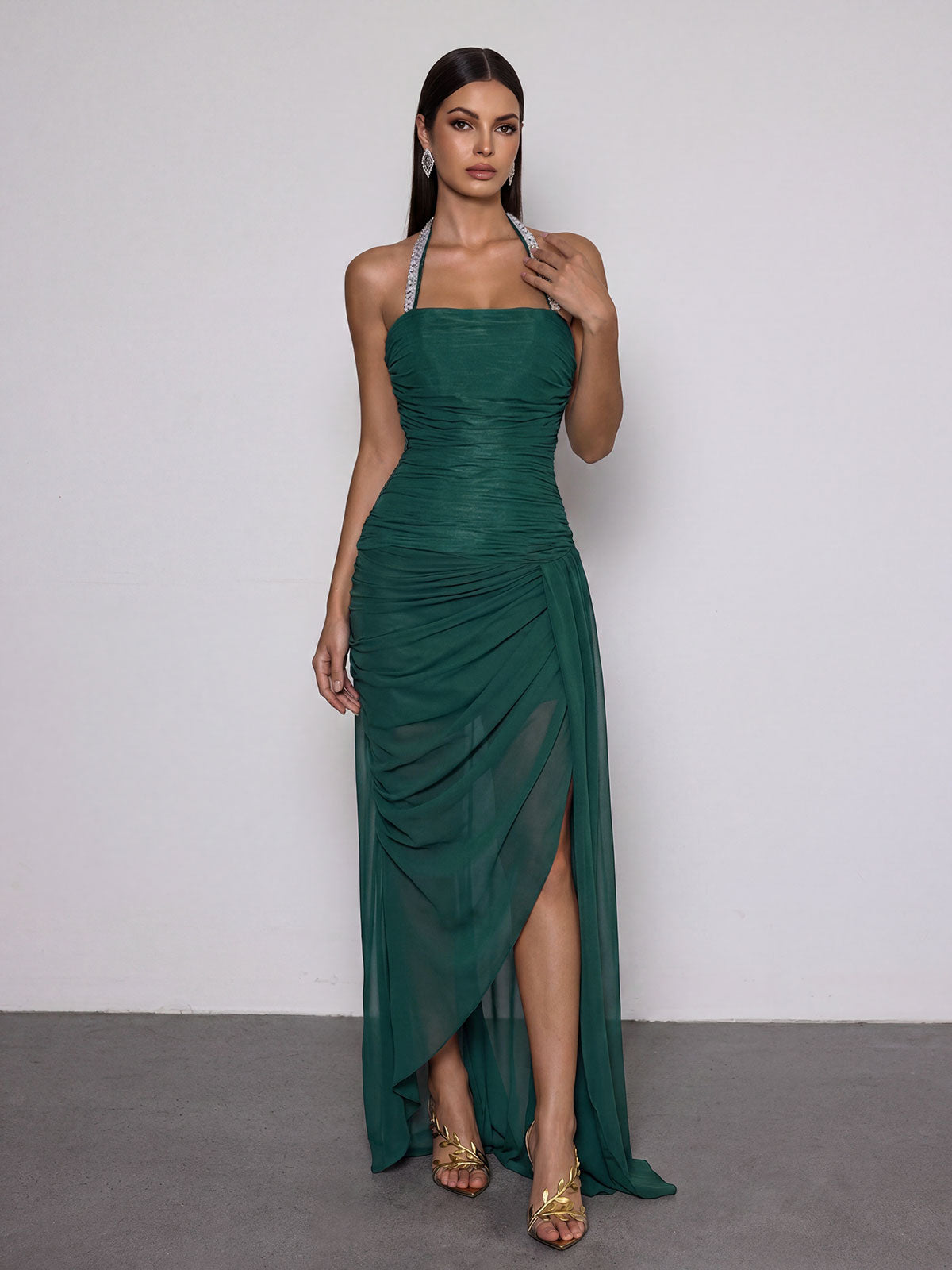 Melvora Halterneck Crystal Ruched Maxi Dress