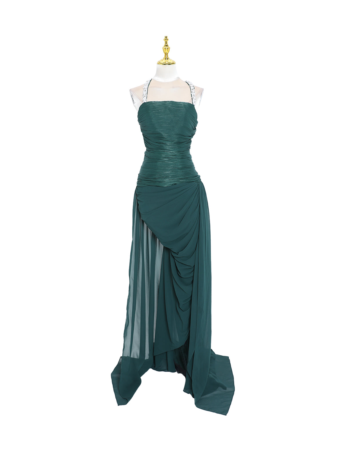 Melvora Halterneck Crystal Ruched Maxi Dress