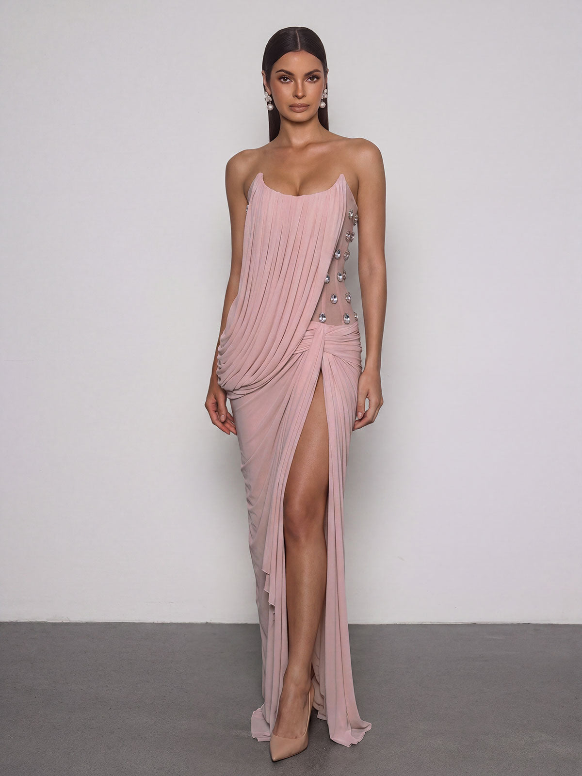 Neldor Strapless Draped Split Maxi Dress