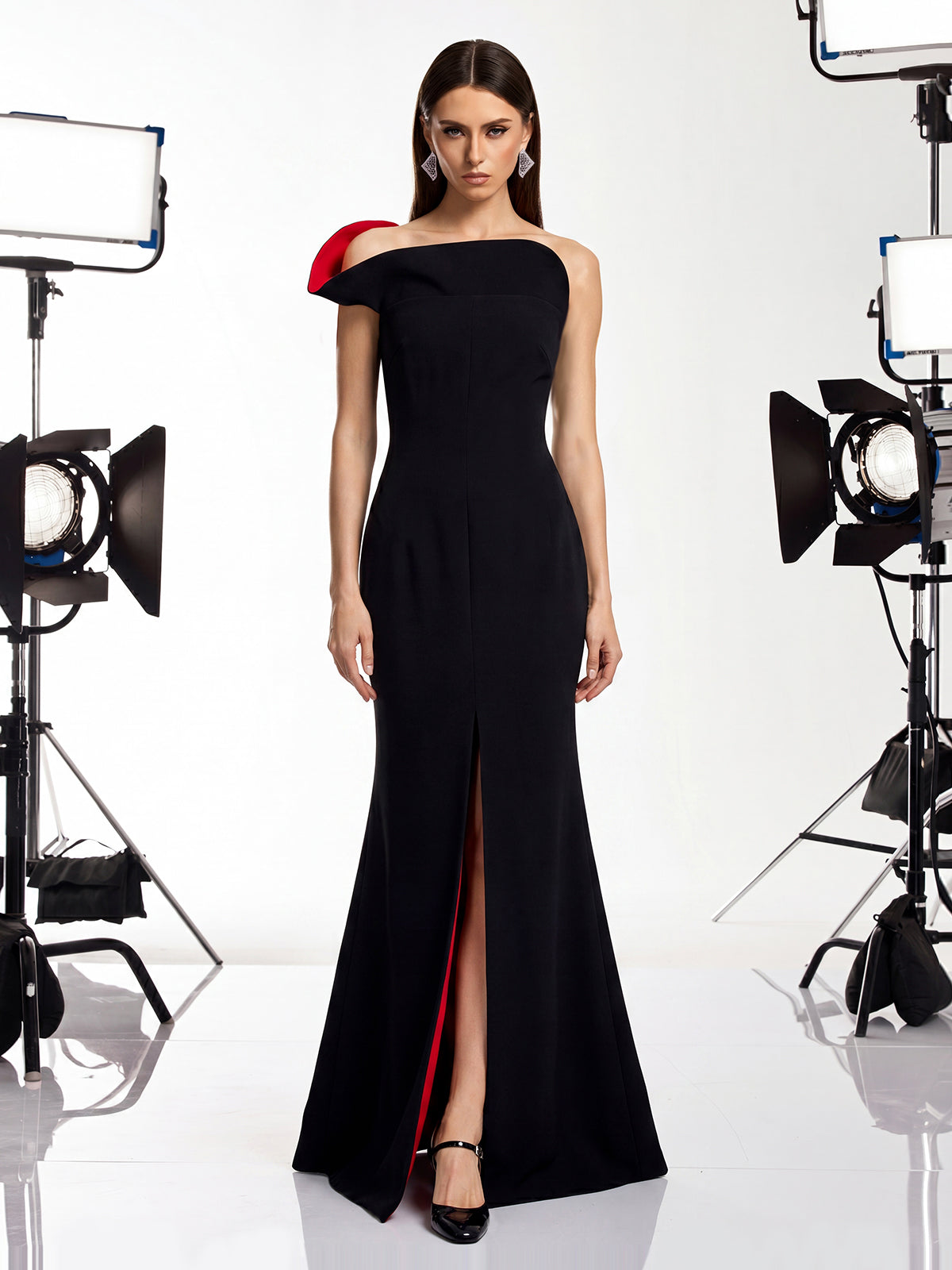 Nexian One Shoulder Red Sole Split Maxi Dress