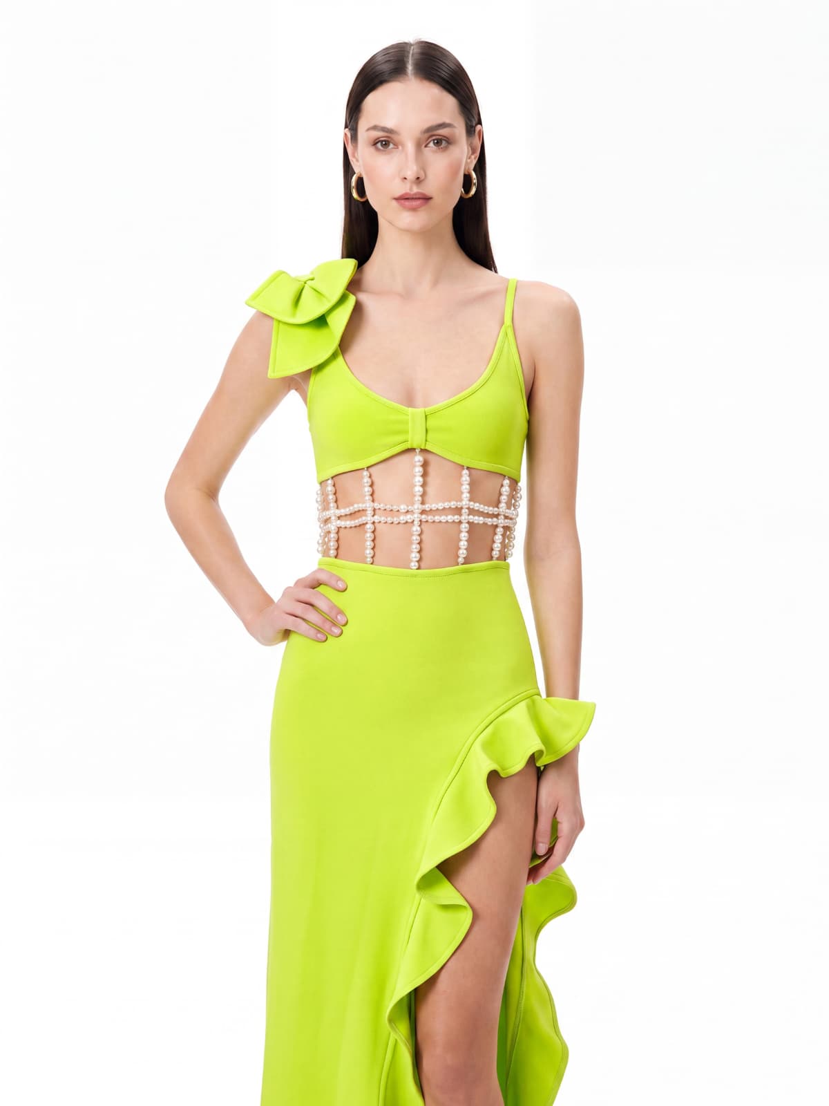 Nysora Pearl Split Maxi Dress In Chartreuse