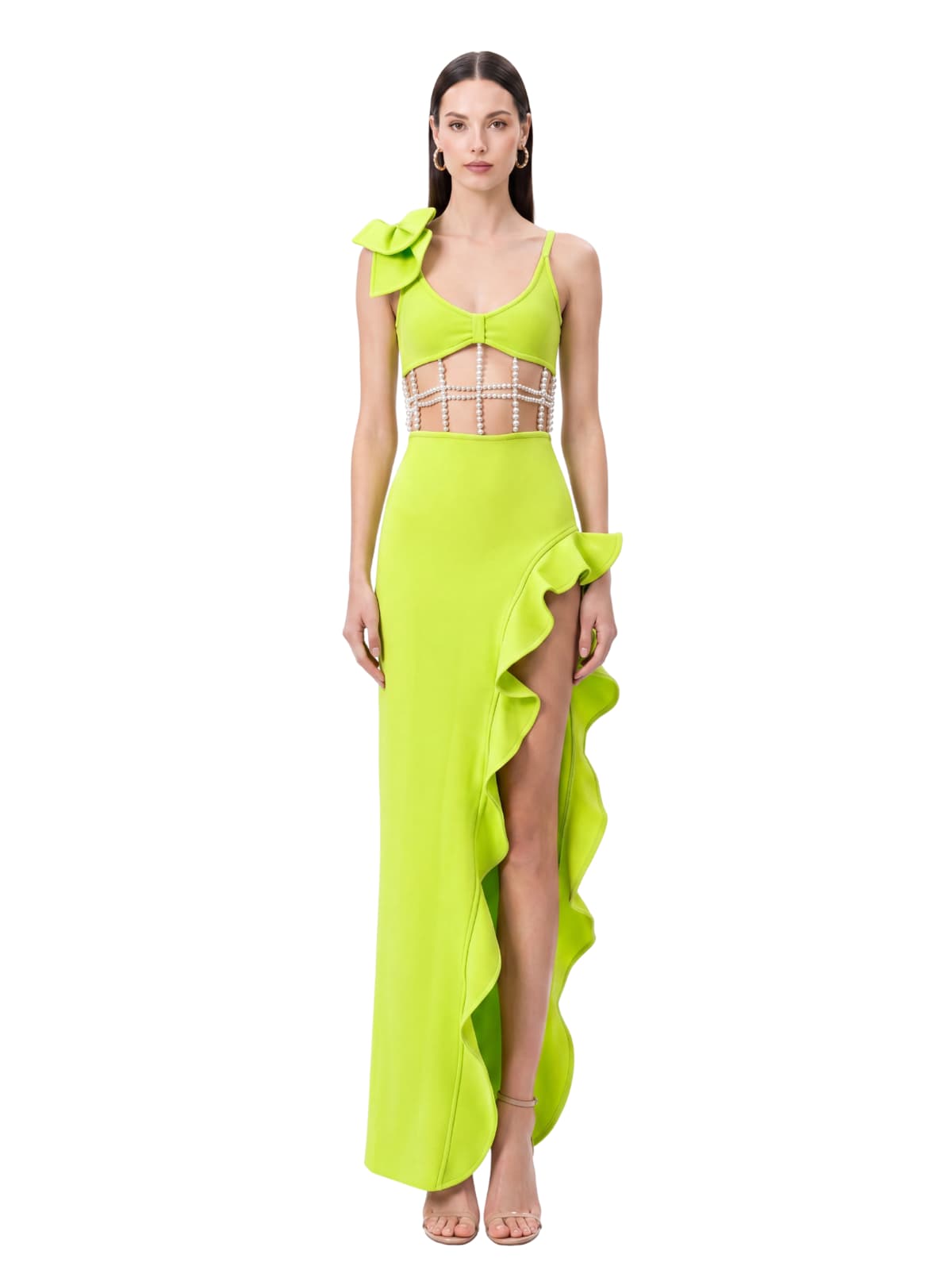 Nysora Pearl Split Maxi Dress In Chartreuse