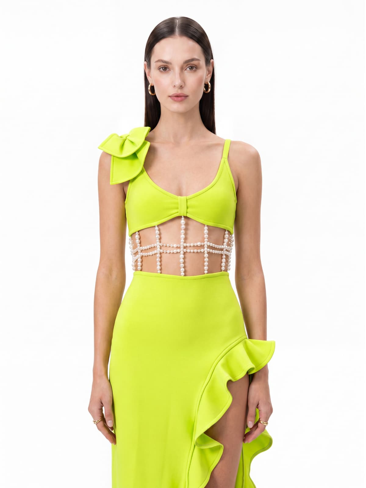 Nysora Pearl Split Maxi Dress In Chartreuse