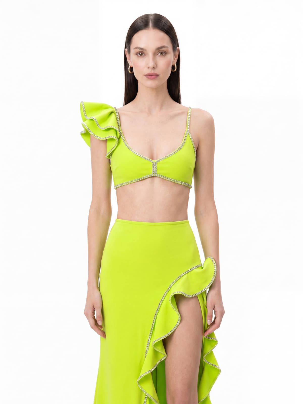 Nysora Rhinestone Split Skirt Set In Chartreuse