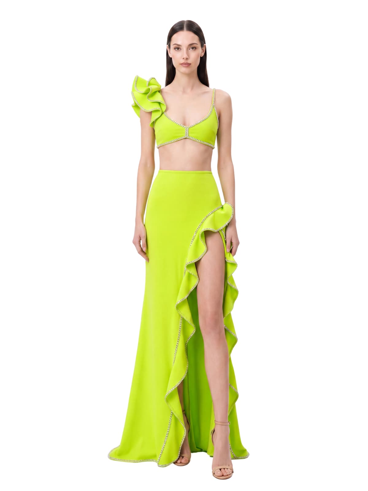Nysora Rhinestone Split Skirt Set In Chartreuse