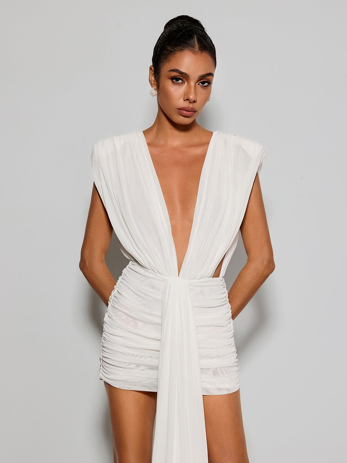 Orandrel Plunge Neck Ruched Mini Dress