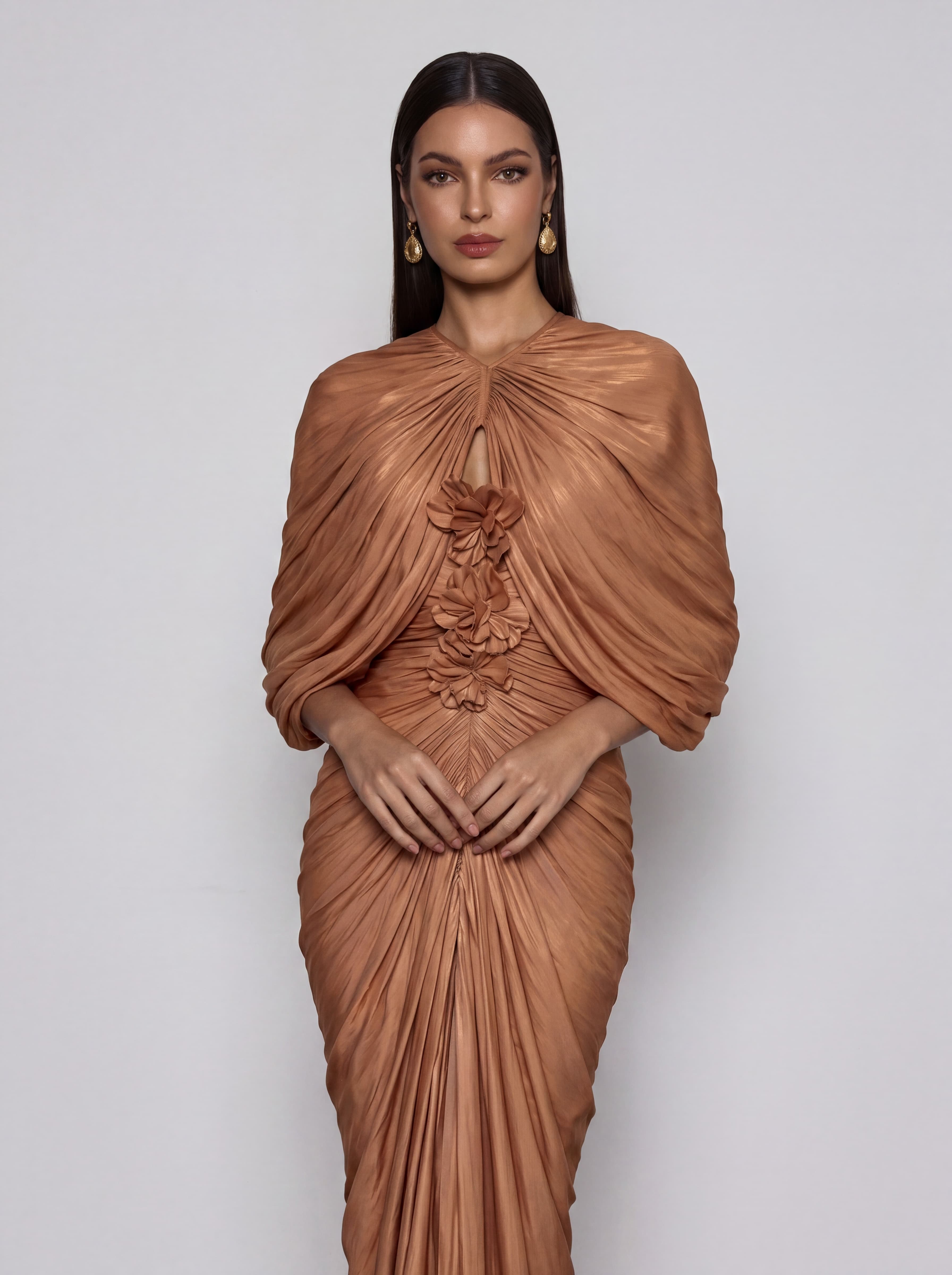 Osvik Cape Ruched Flower Maxi Dress
