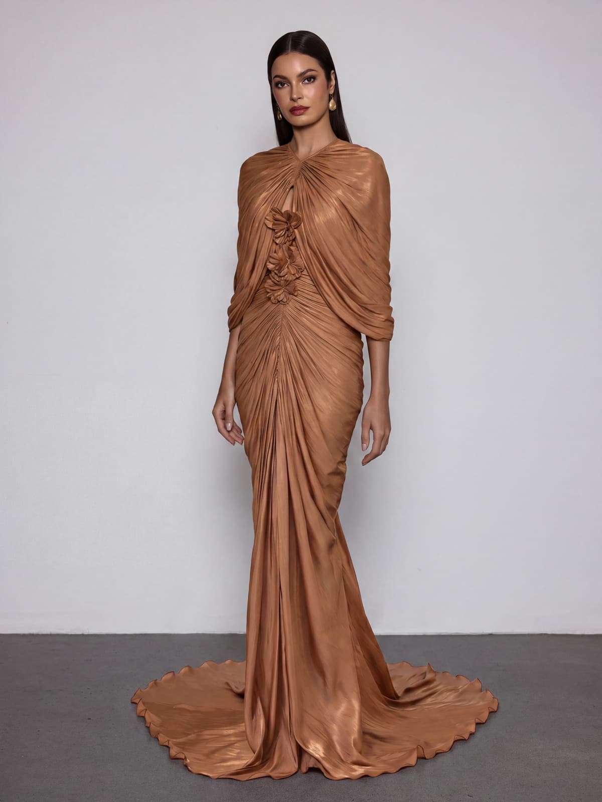 Osvik Cape Ruched Flower Maxi Dress
