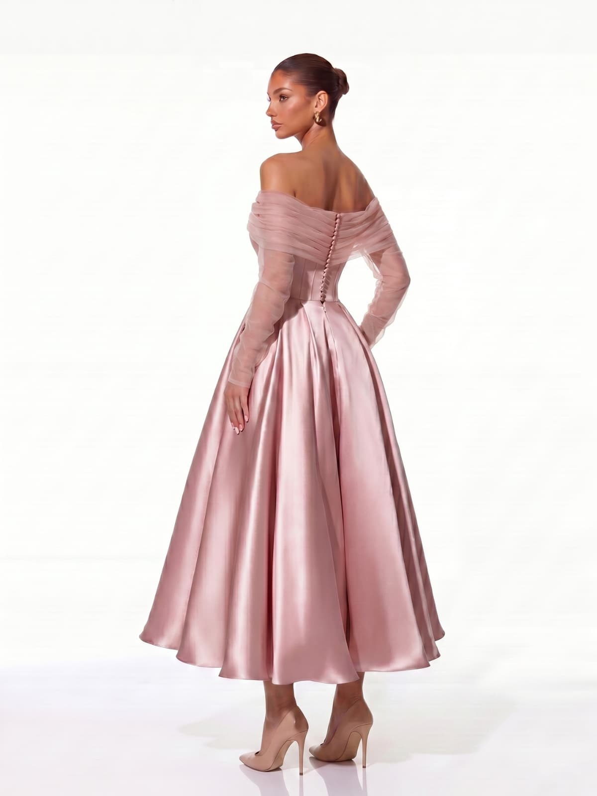 Parven Off Shoulder Mesh Satin Maxi Dress