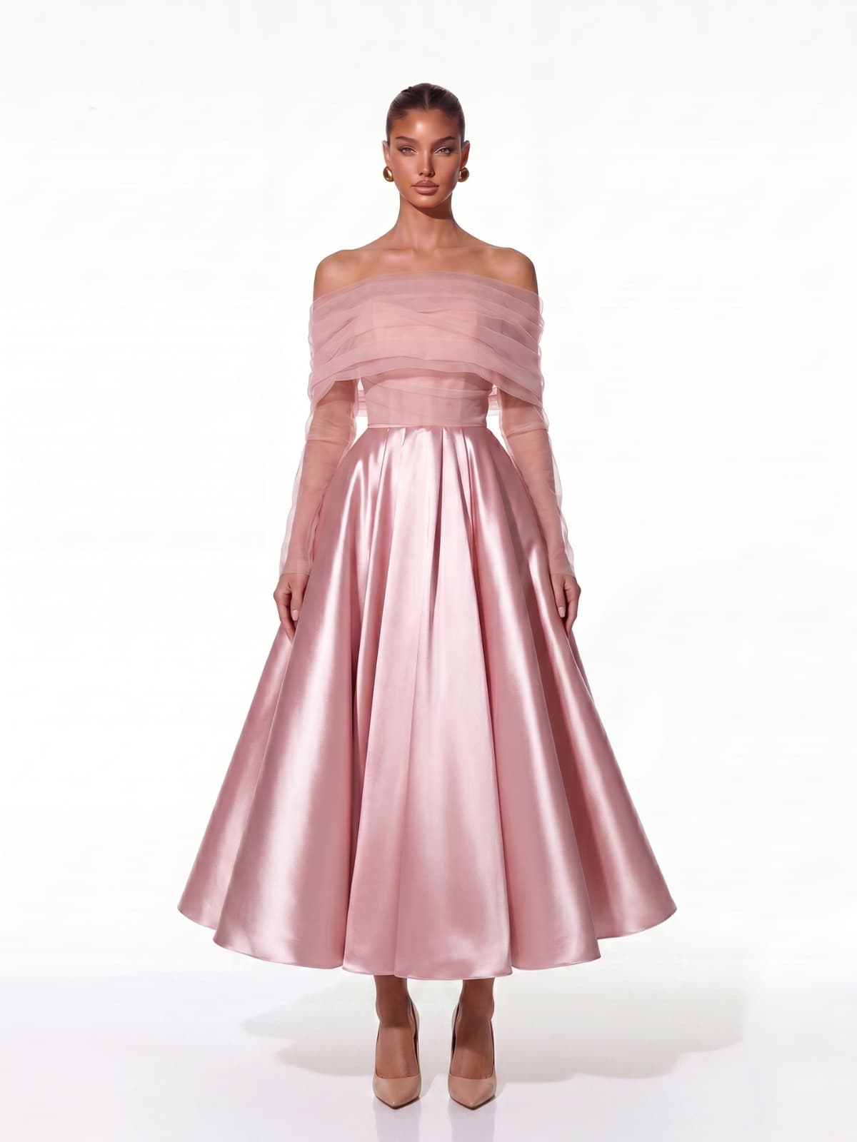 Parven Off Shoulder Mesh Satin Maxi Dress
