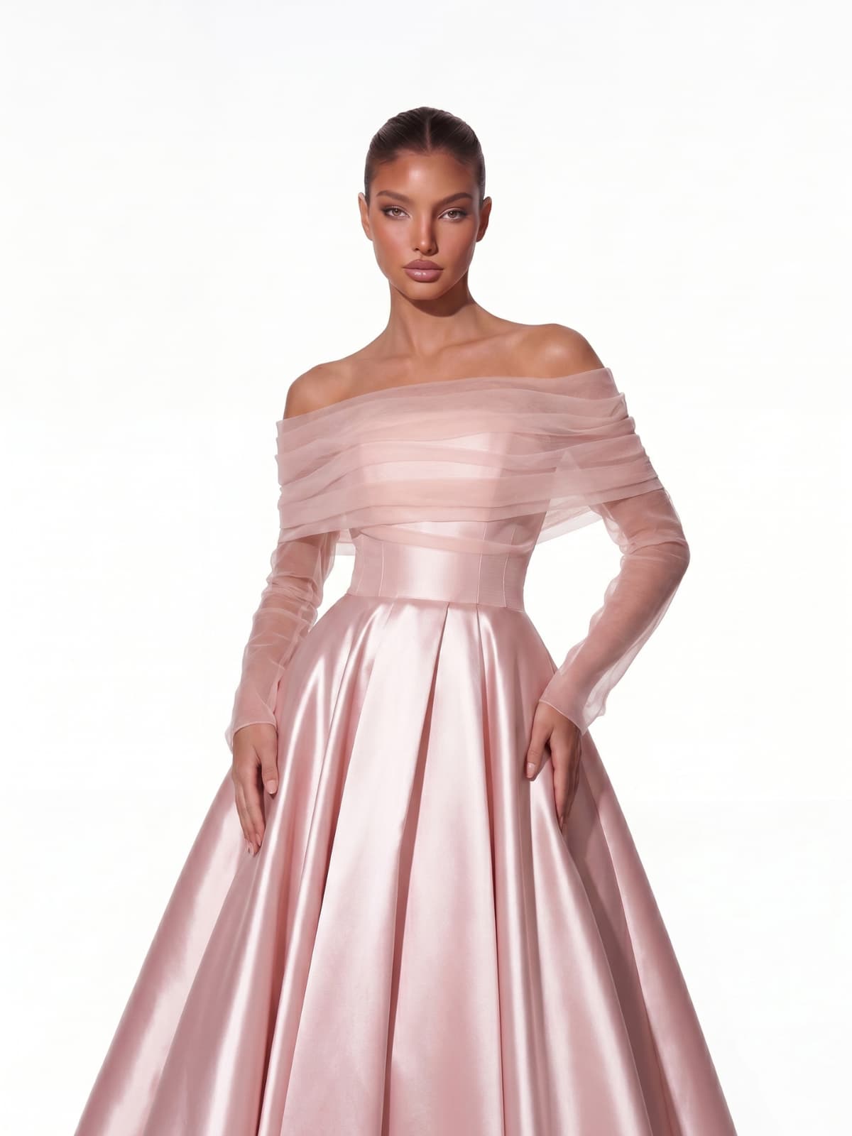 Parven Off Shoulder Mesh Satin Maxi Dress